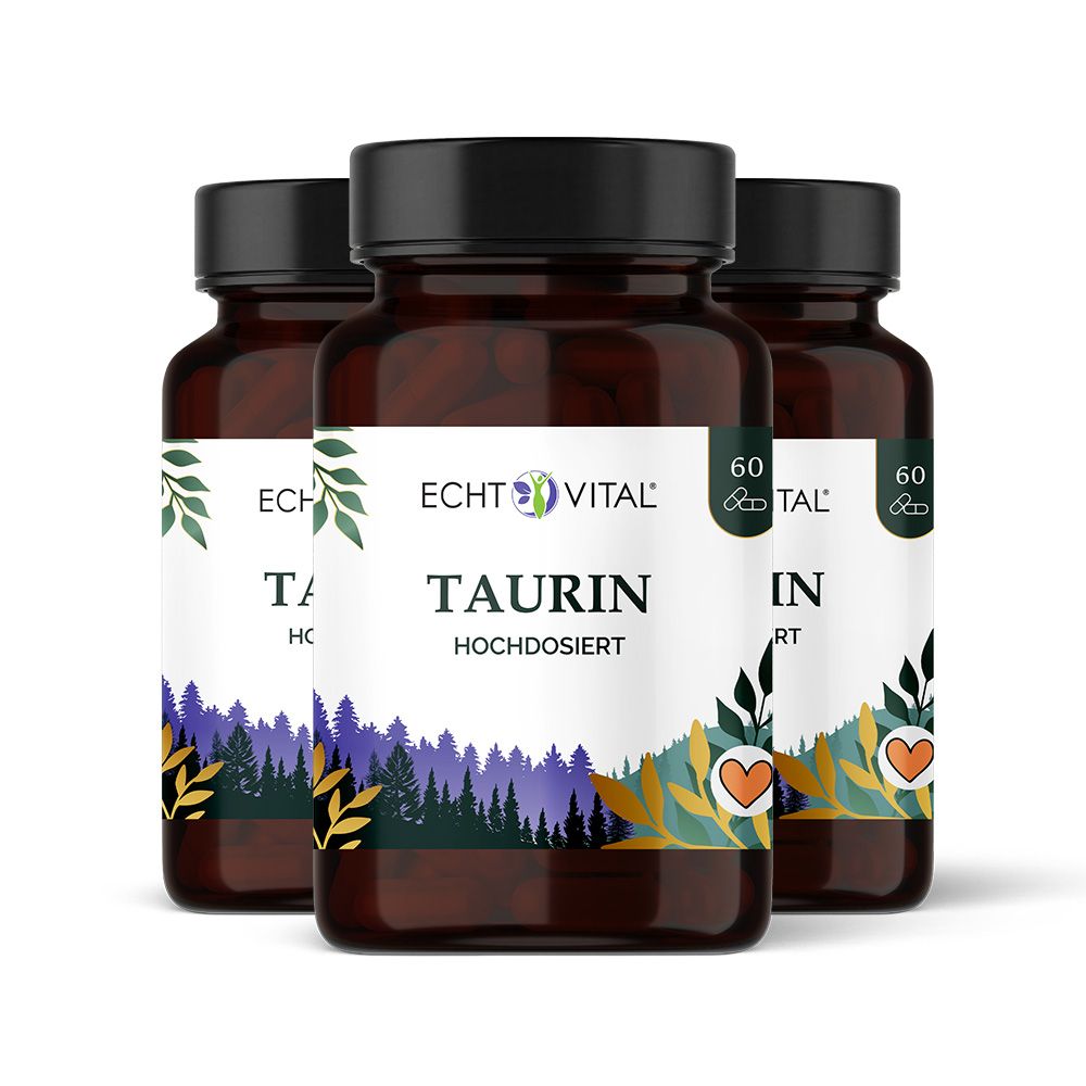 Drei braune Flaschen mit schwarzem Deckel. Aufschrift: Echt Vital Taurin, 60 Kapseln. Etikett mit Waldmotiv und Herz.