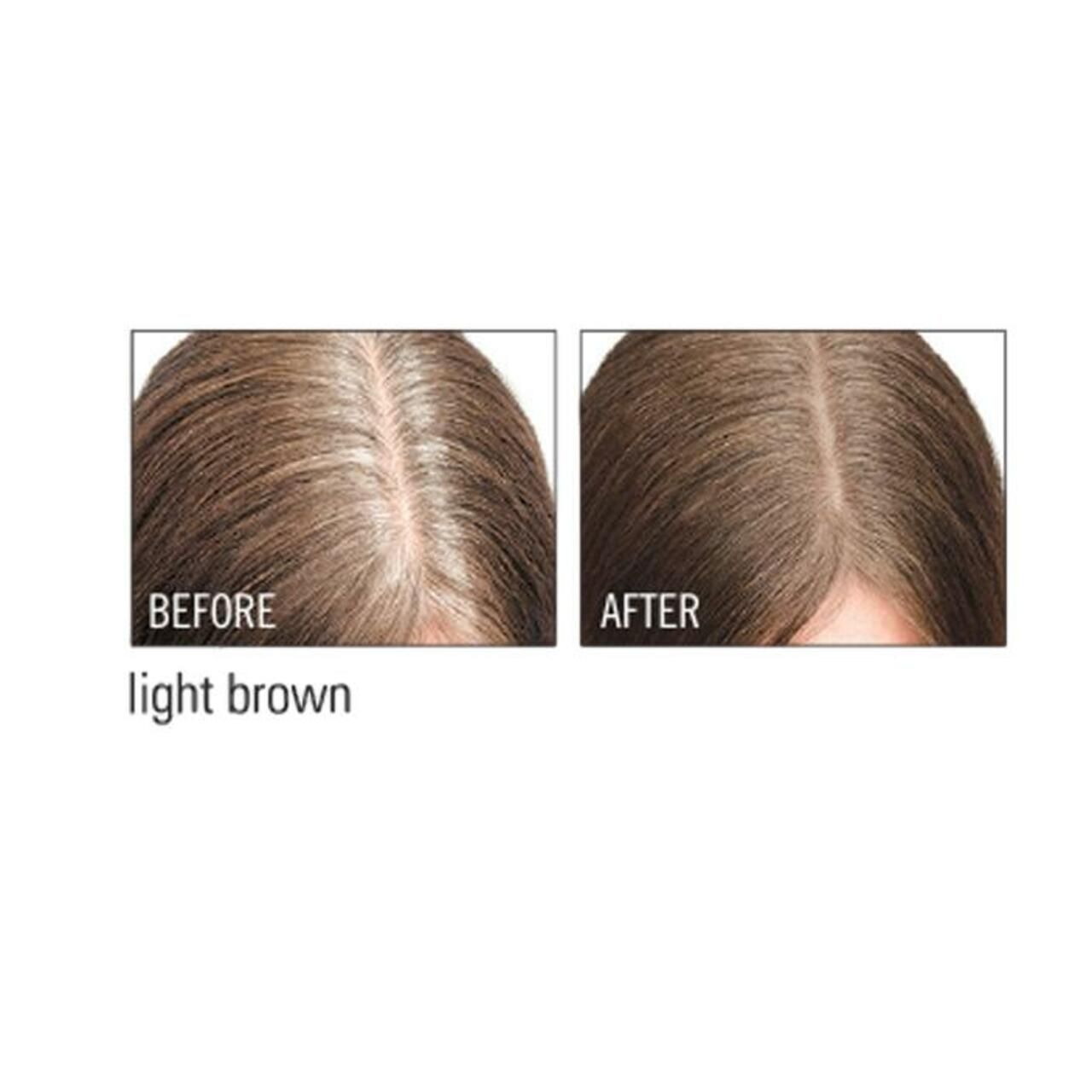 Vorher-Nachher-Bild. Zeigt hellbraunes Haar mit grauen Ansätzen vor und nach der Anwendung von Color Wow.