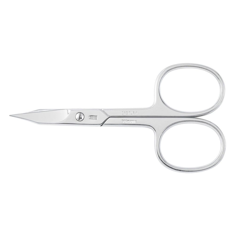 Kombischere, gebogen, aus Metall. Zwei runde Grifföffnungen. Spitze, gebogene Schneiden. Schriftzug auf dem Scherenblatt.