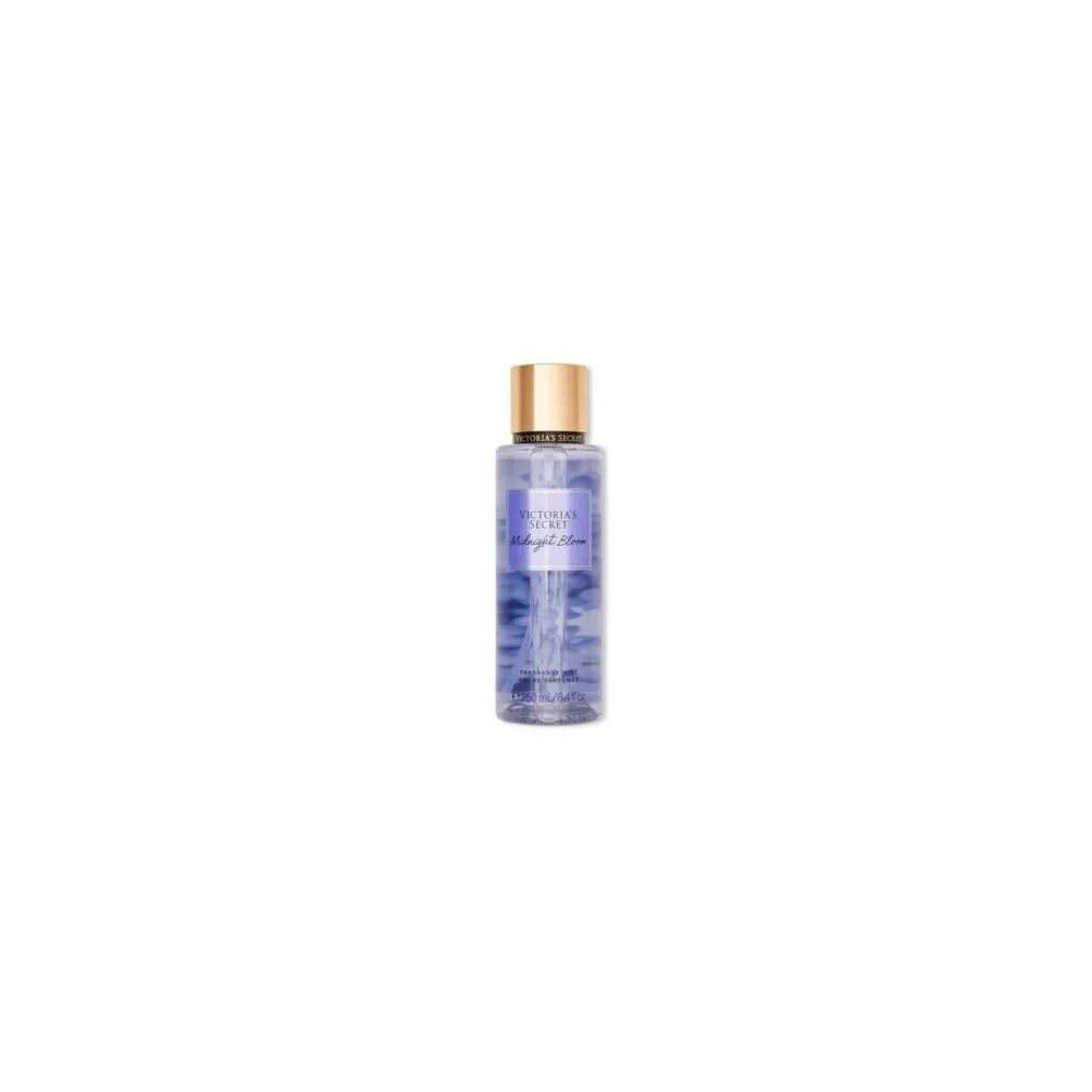 Victoria's Secret Midnight Bloom Körperspray. Flasche mit goldfarbenem Deckel, lila Flüssigkeit.