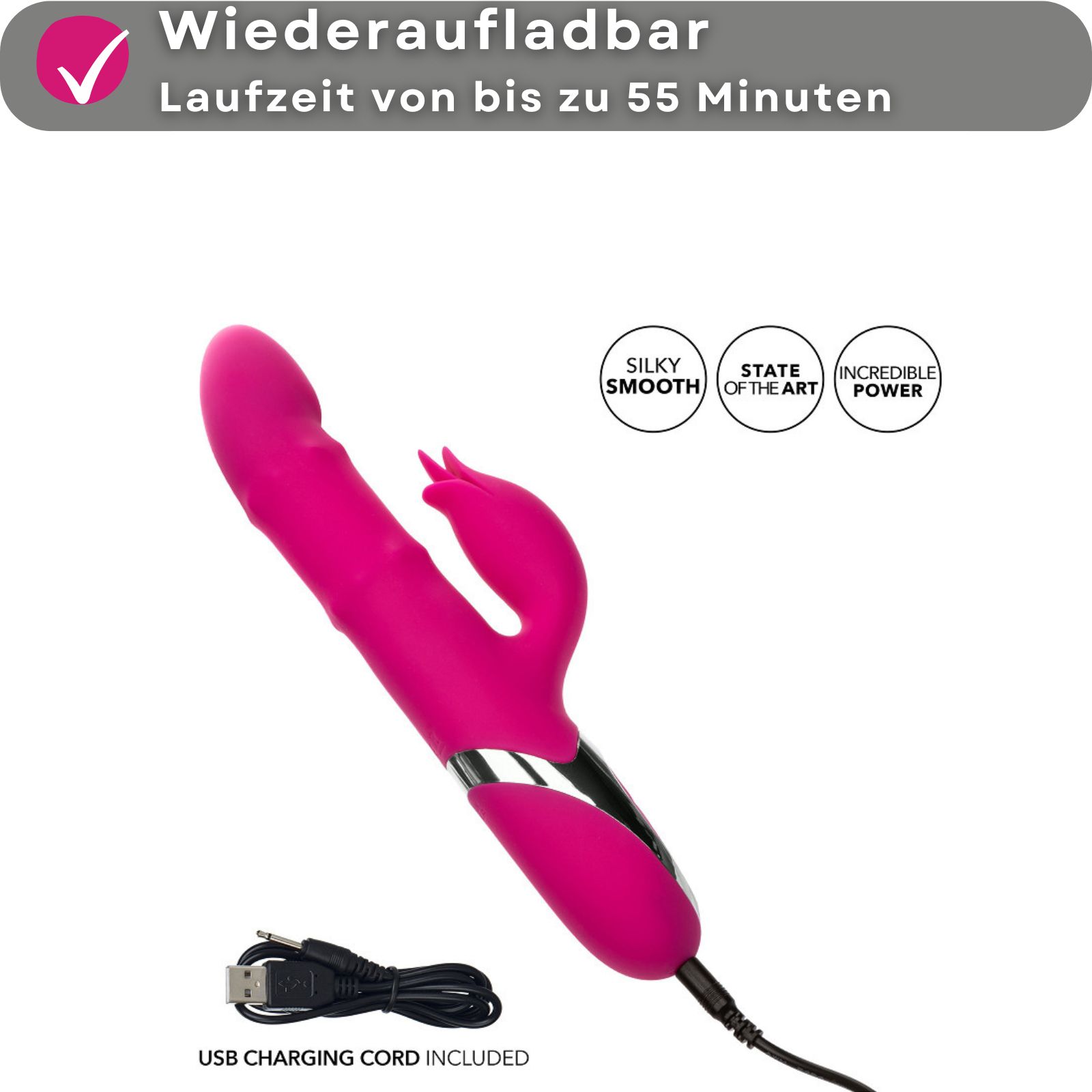Pinkfarbener Vibrator. Wiederaufladbar. Bis zu 55 Minuten Laufzeit. Mit USB-Ladekabel.