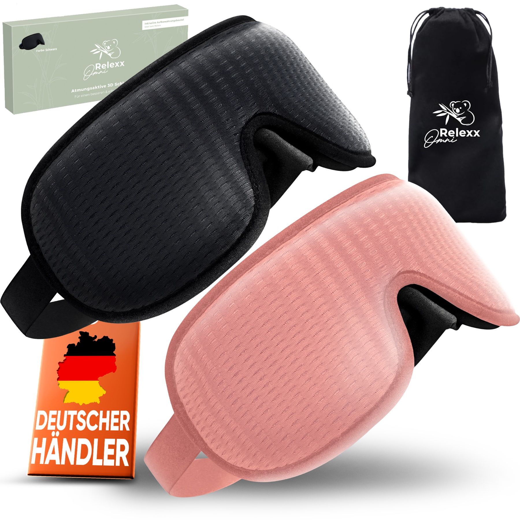 Zwei Schlafmasken, schwarz und rosa, mit Reisebeutel und Verpackung. Deutscher Händler.