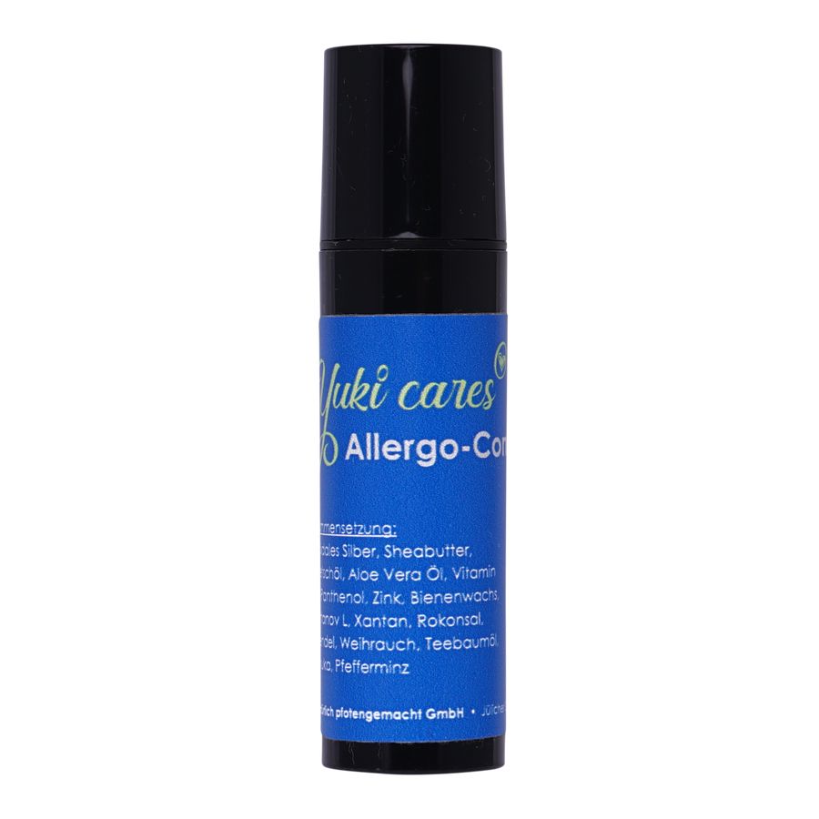 Blau-schwarze Flasche mit blauem Etikett. Text: Yuki cares Allergo-Control. Zutatenliste.