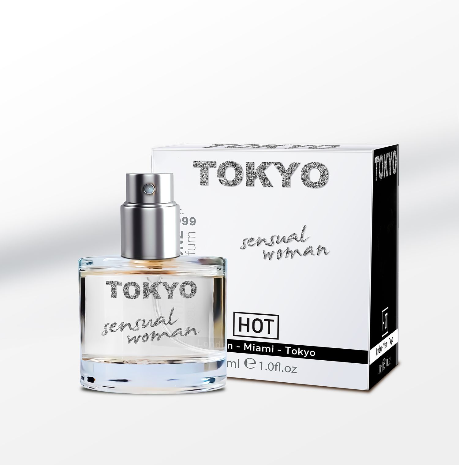 Parfumflasche und Verpackung. Aufschrift: TOKYO, sensual woman. Flasche mit Zerstäuber. 30ml.
