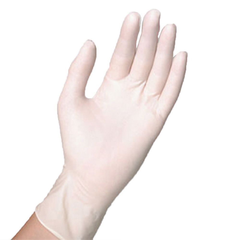 Latexhandschuh, Größe M, unsteril. Hand in Handschuh, hell. Finger gespreizt.