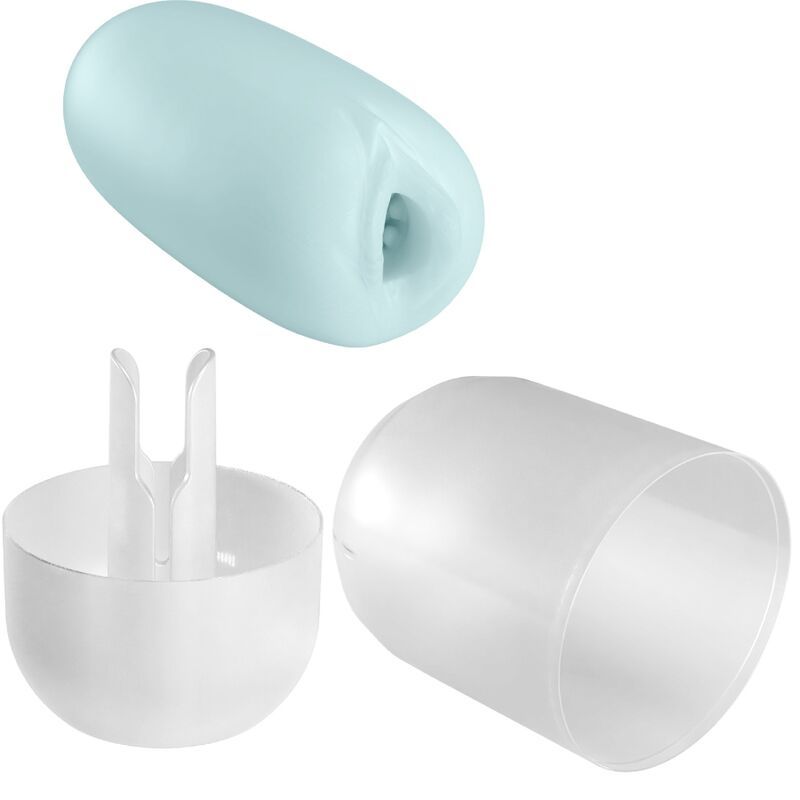 Hellblaues Masturbationsgerät mit abnehmbaren, transparenten Teilen: Basis und Hülle.