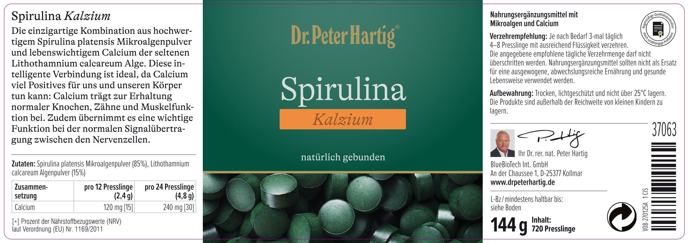 Etikett von Dr. Peter Hartig Spirulina Kalzium. Produktinformationen, Inhaltsstoffe, Dosierung. Logo Dr. Peter Hartig. Grün-weißes Design. 144 g.