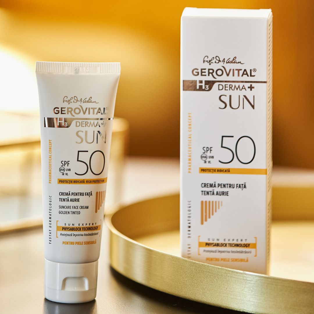 Sonnencreme-Tube und Karton. Aufschrift: Gerovital H3 Derma+ Sun, SPF 50. Creme für Gesicht, getönt.