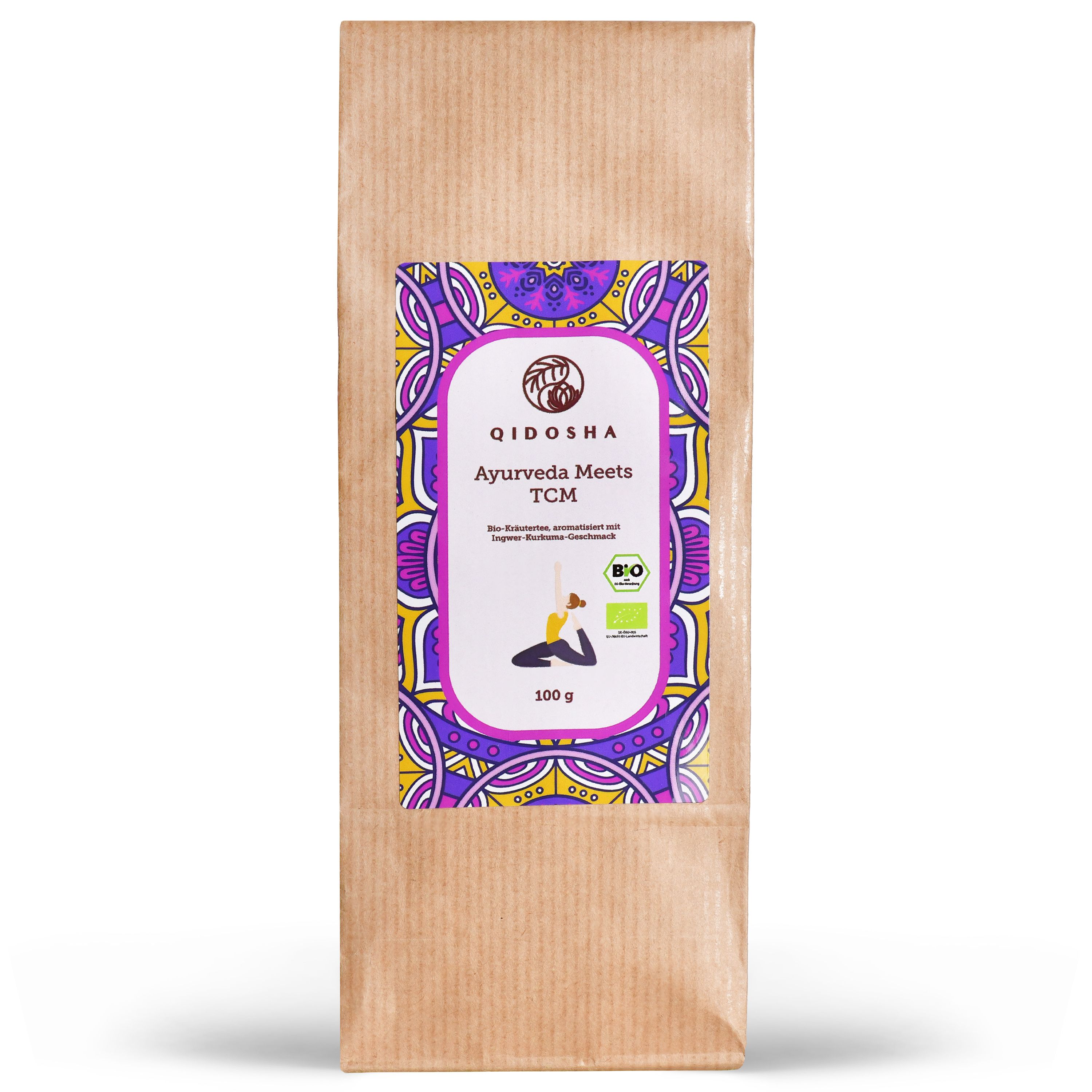 Braune Papiertüte mit Etikett. Aufschrift: QIDOSHA Ayurveda Meets TCM. Bio-Siegel und Yoga-Figur.