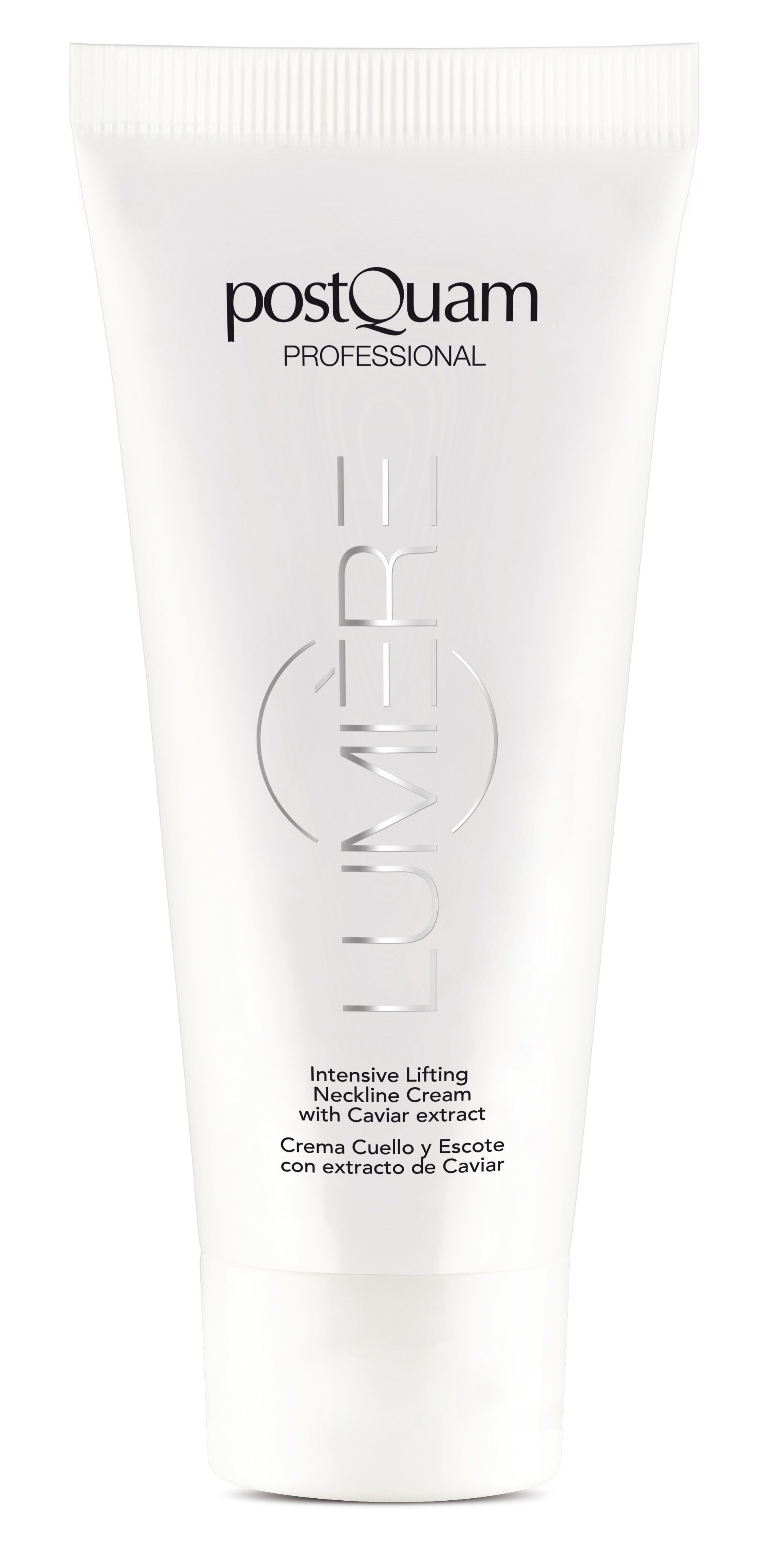 Weiße Tube mit Produkttext und Logo. Text: PostQuam Professional, Caviar Lumiere. Intensive Lifting Neckline Cream.