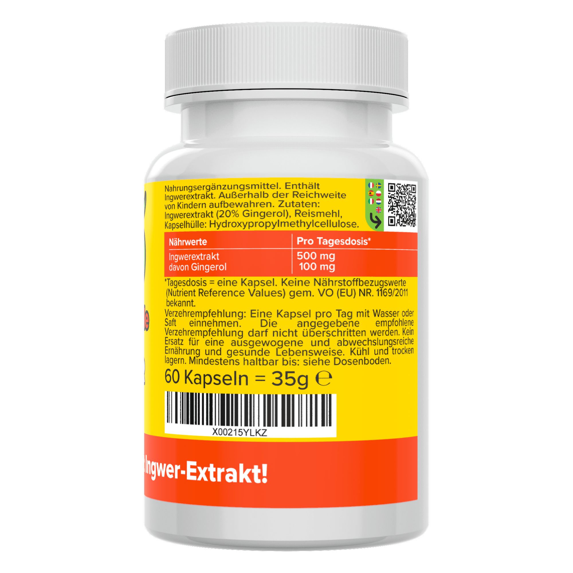Weiße Kapsel-Dose mit gelbem Etikett. Text: Ingwer-Extrakt, 60 Kapseln, Nährwertangaben. QR-Code und Zertifizierungen.