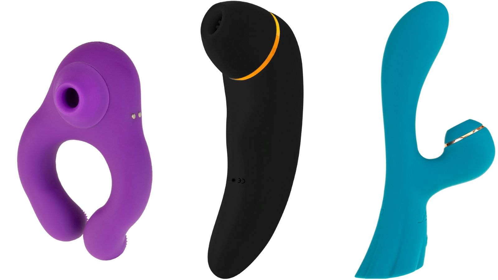 Drei Geräte: Lila Ring, schwarzes Gerät, türkisfarbenes Gerät. Silikon-Material.