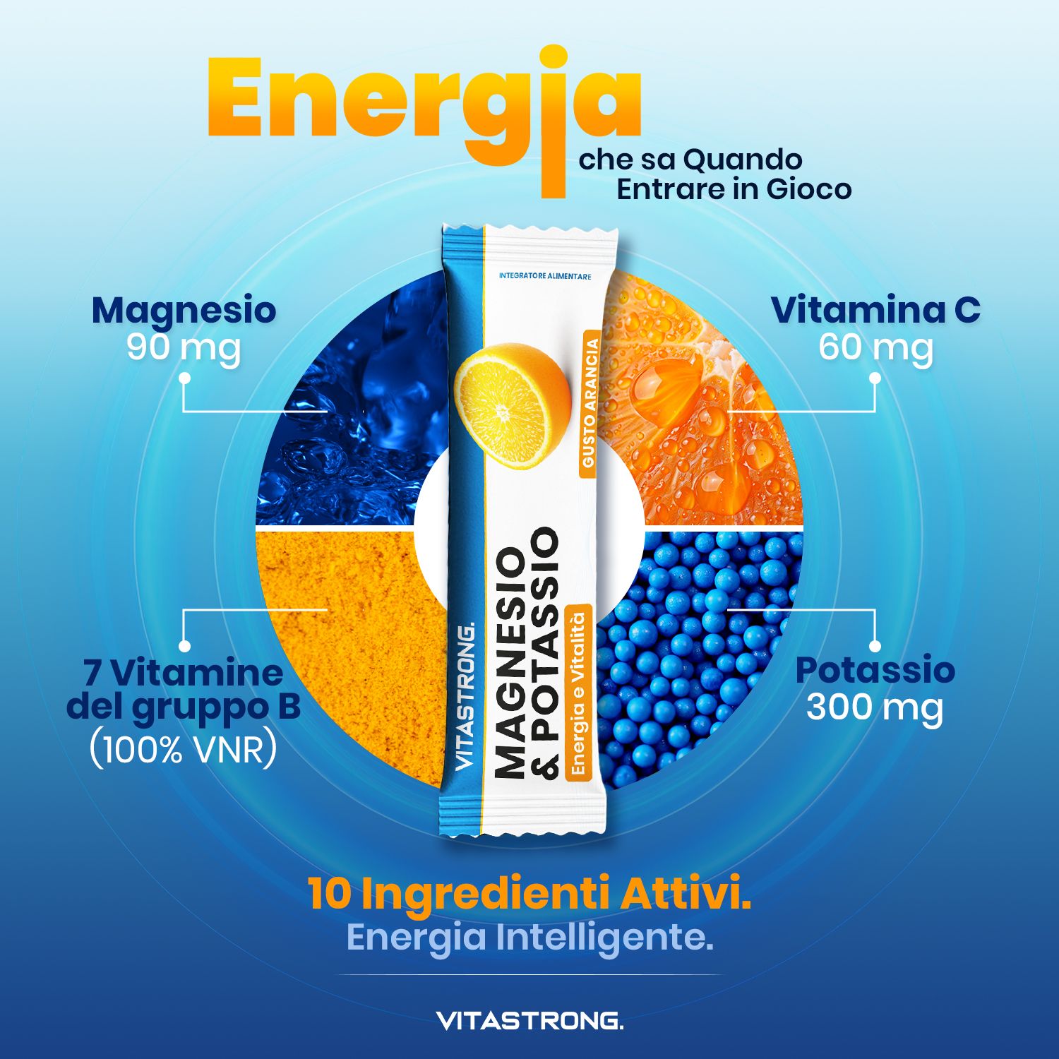 Vitastrong Magnesium & Kalium-Stick mit Orange. Text: Energie. Mit Inhaltsstoffen und Mengenangaben. 10 Inhaltsstoffe.
