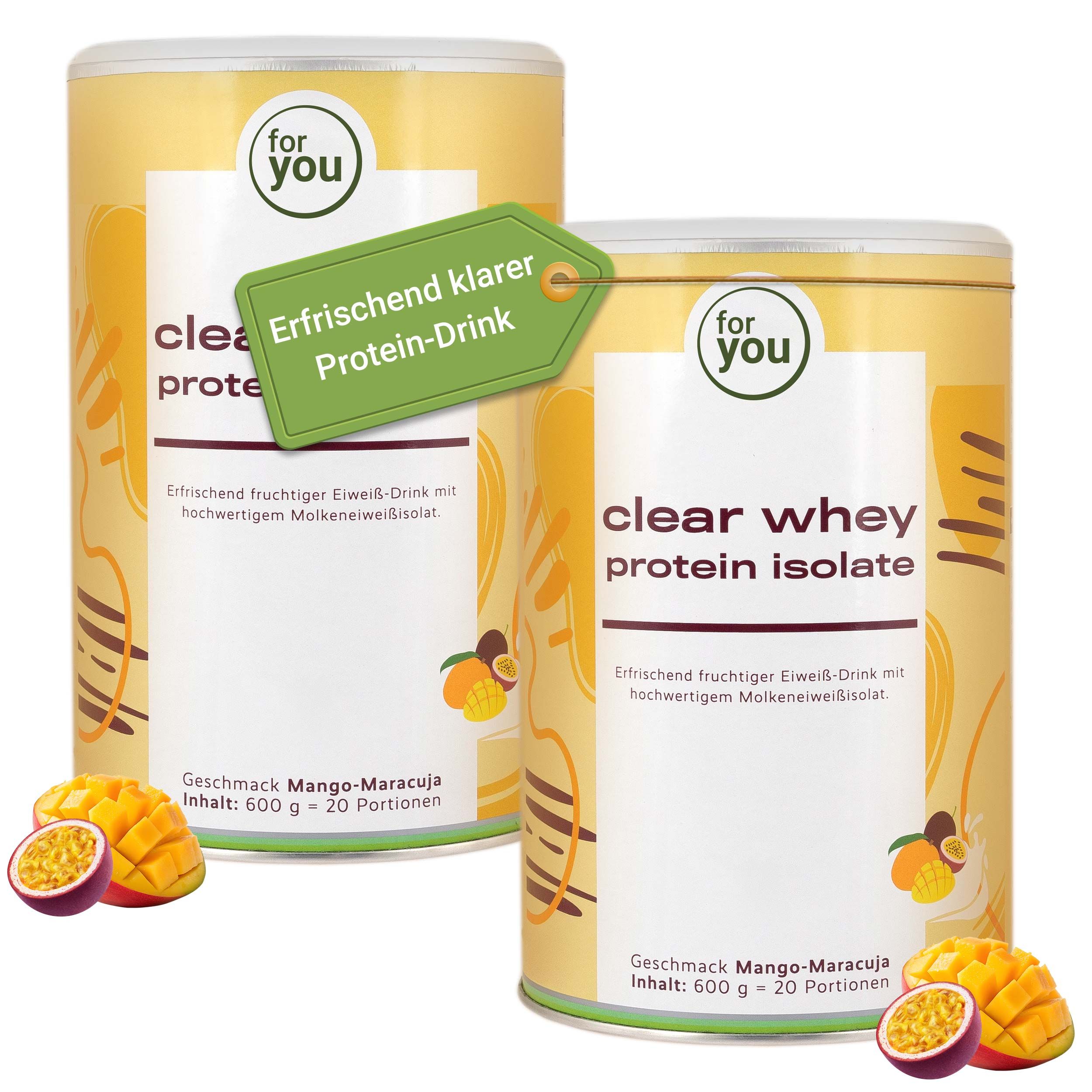 Zwei Dosen "clear whey protein isolate" mit Mango-Maracuja Geschmack.