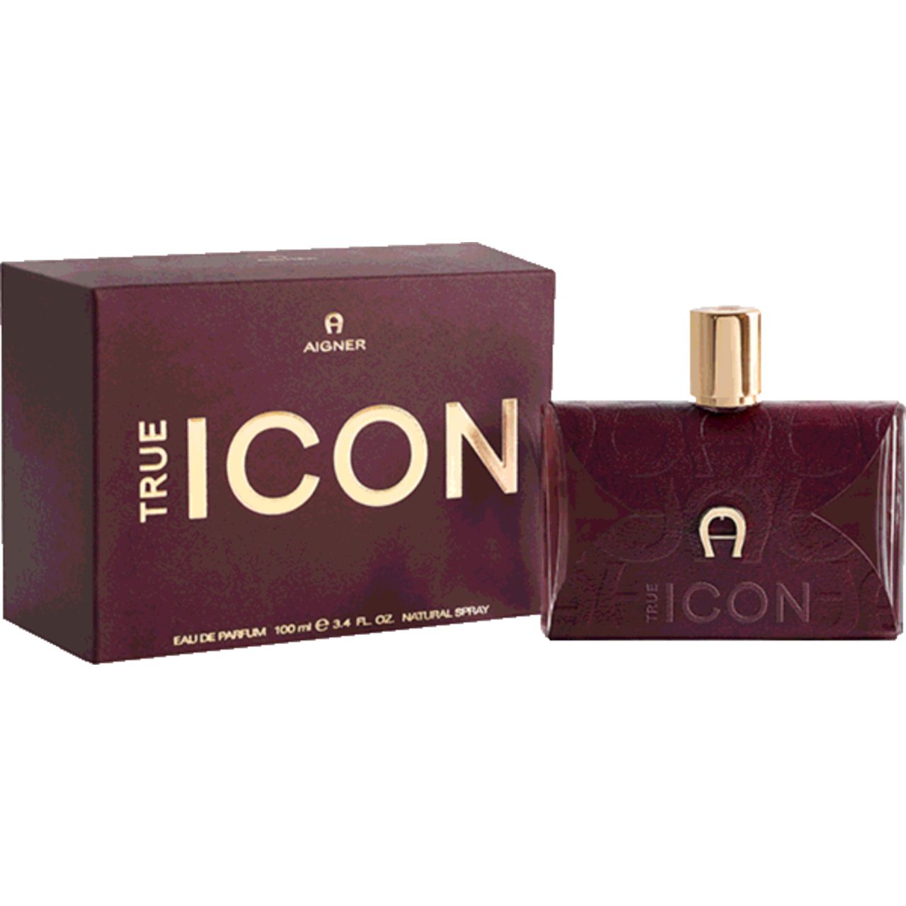 Aigner True Icon EdP Nat. Spray. Flakon und Verpackung in Burgunderrot. Goldfarbener Verschluss. Logo und Schriftzug.