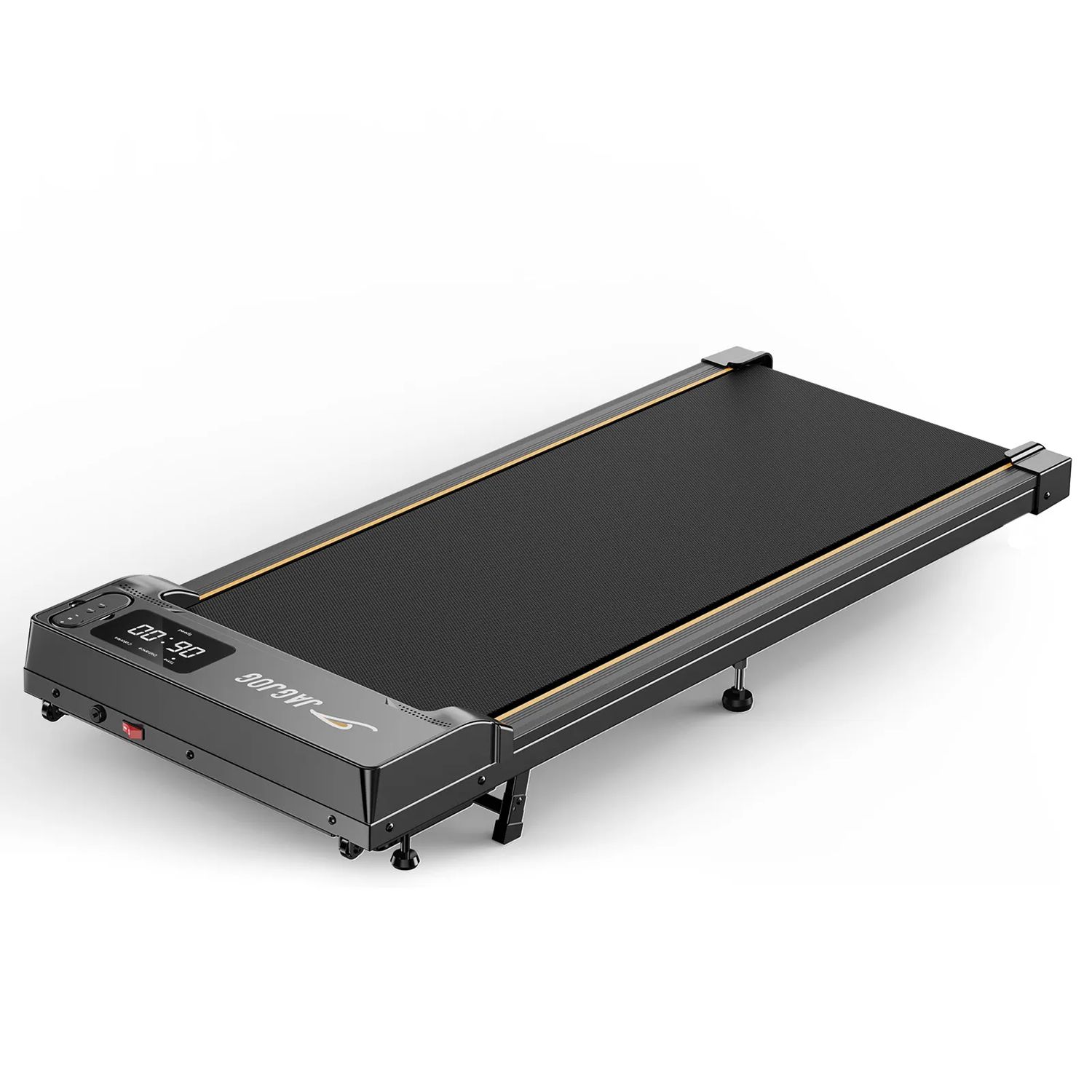 Schwarzes Laufband mit LED-Display. Flaches Design, rechteckige Form. Graue Akzente.