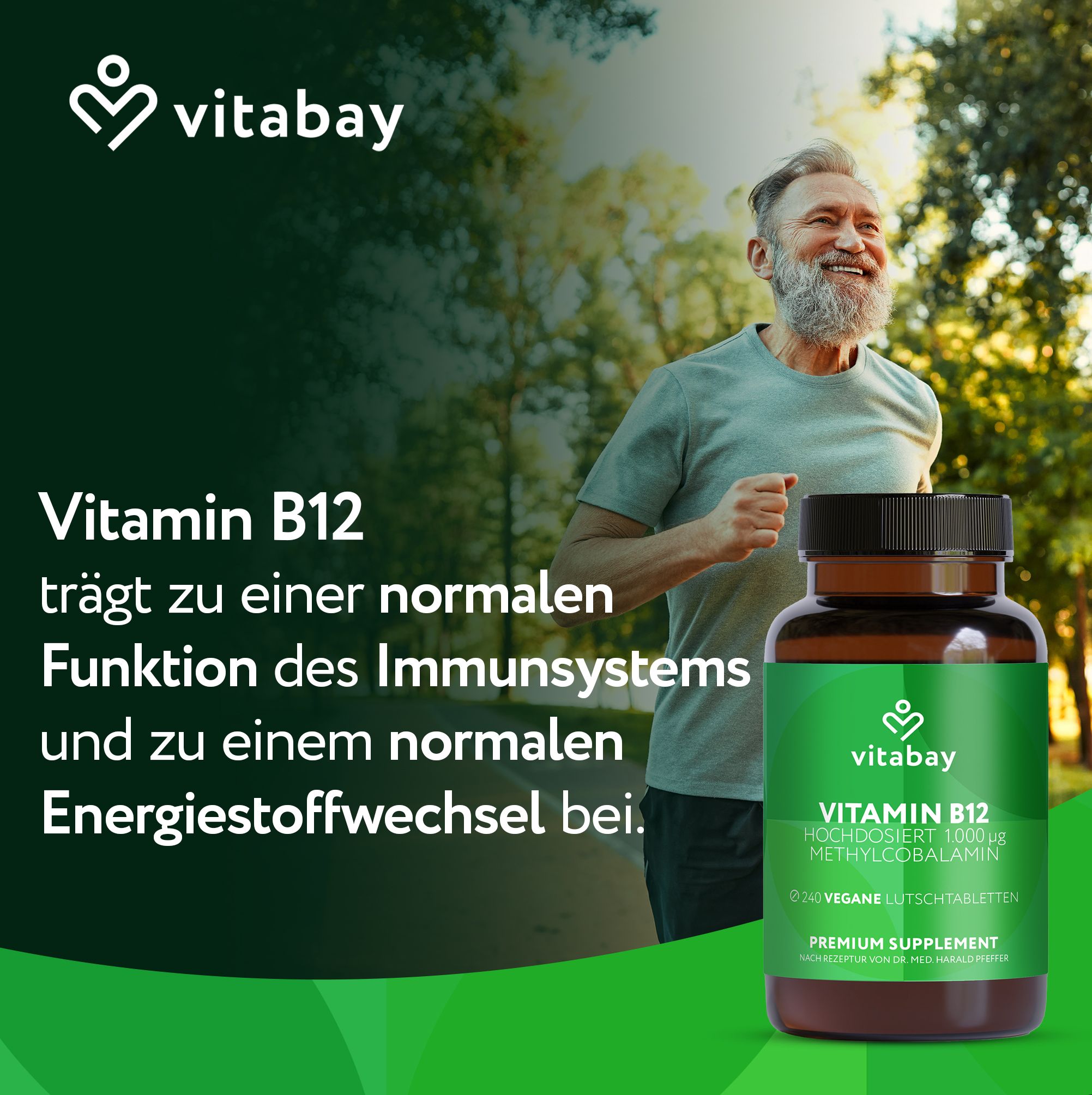Mann beim Joggen, Vitabay Vitamin B12 für Immunsystem und Energiestoffwechsel.