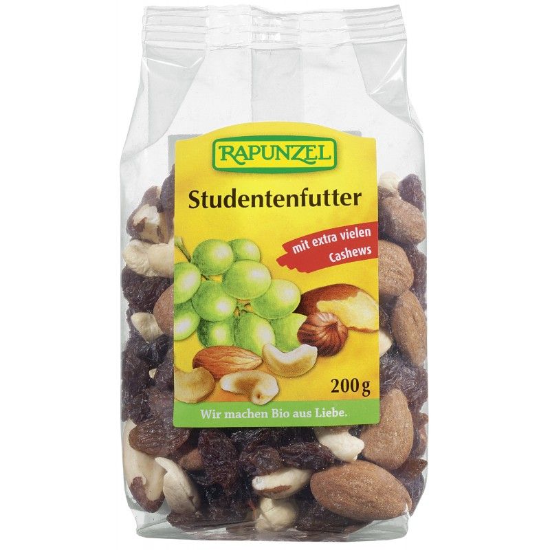 Transparente Tüte mit Studentenfutter. Aufkleber mit "Rapunzel", "Studentenfutter", Trauben-Illustration und "200g".