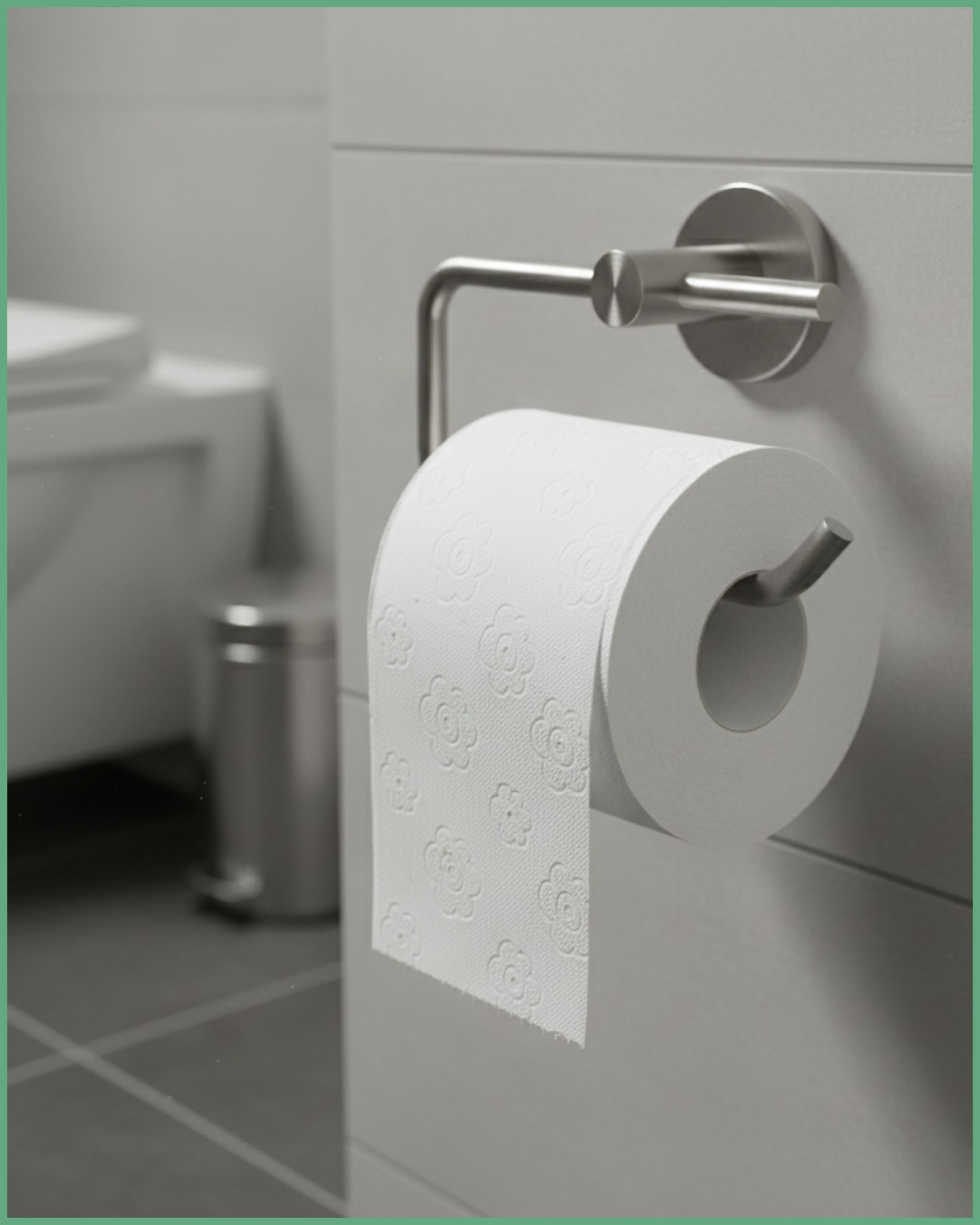Rolle Toilettenpapier an Halterung. Weiß, mit Blumenmuster. Hintergrund: Badezimmer.