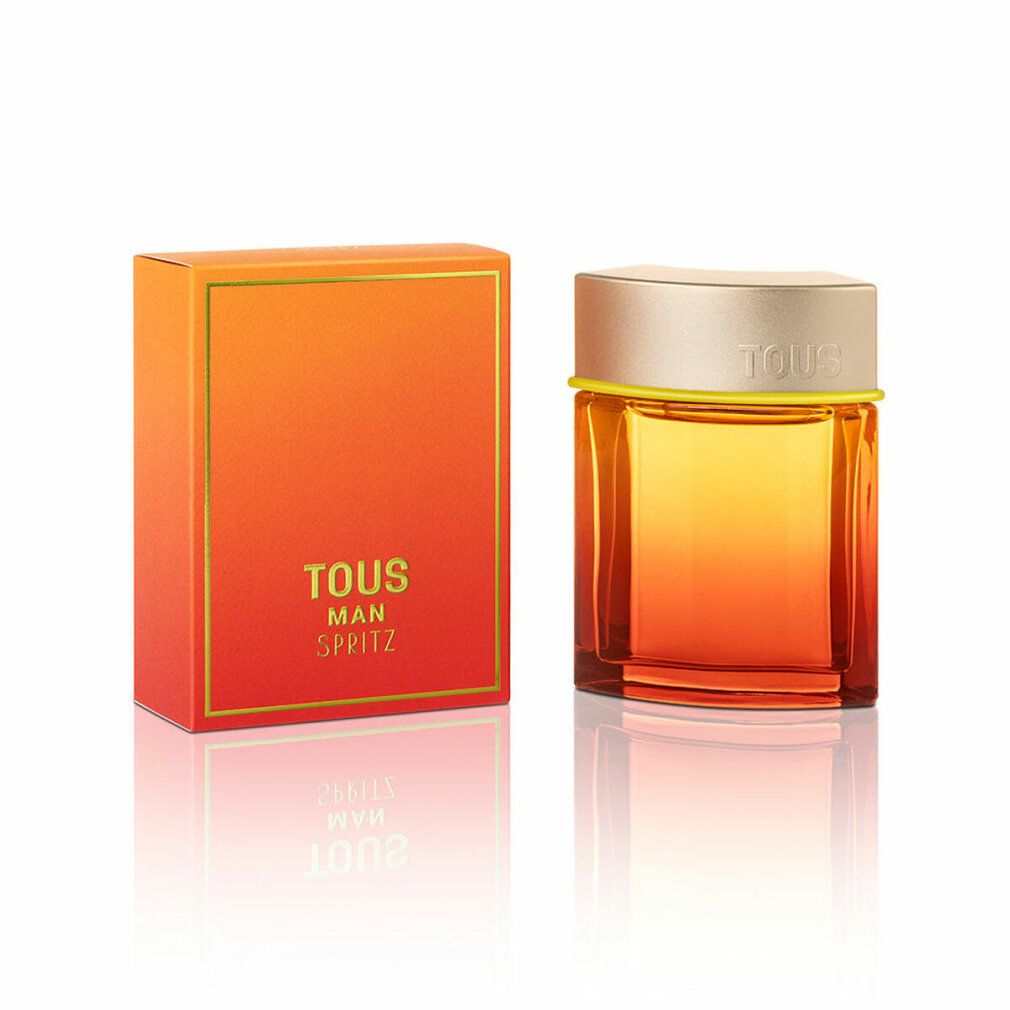 Tous Spritz EDT Herrenparfum Flakon und Verpackung. Orangefarbene Box mit goldener Schrift, Flakon mit Farbverlauf.