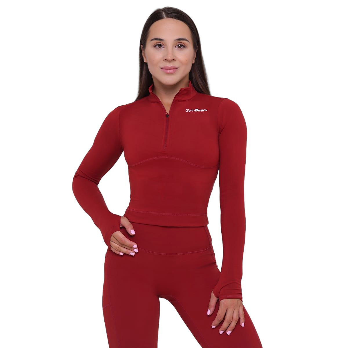 GymBeam Sport-Top Damen Ignite körpernah mit Kragen und Langarm in Dunkelrot 1 St
