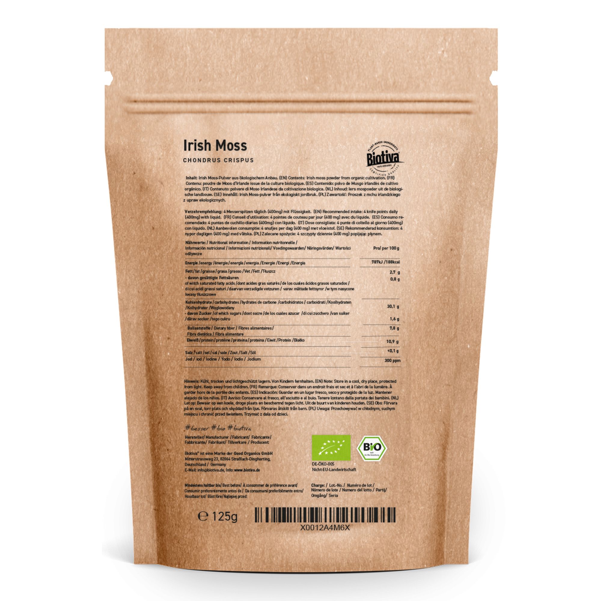 Braune Papierverpackung mit Produktinformationen. Bio-Siegel und Barcode sichtbar. Text: Irish Moss, 125g.