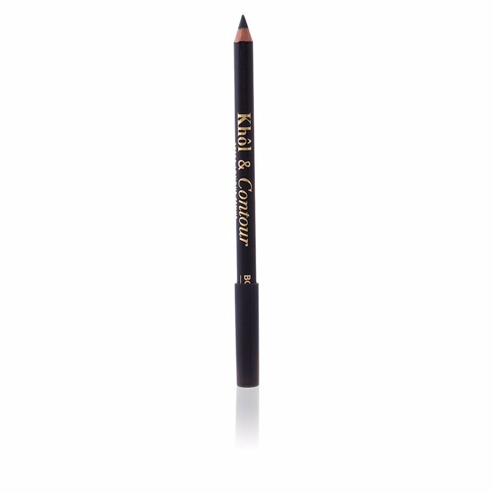 Schwarzer Kajalstift mit goldfarbener Schrift. Aufschrift: Khol & Contour. Schwarze Kappe. Spitze nach oben gerichtet. Spiegelung.