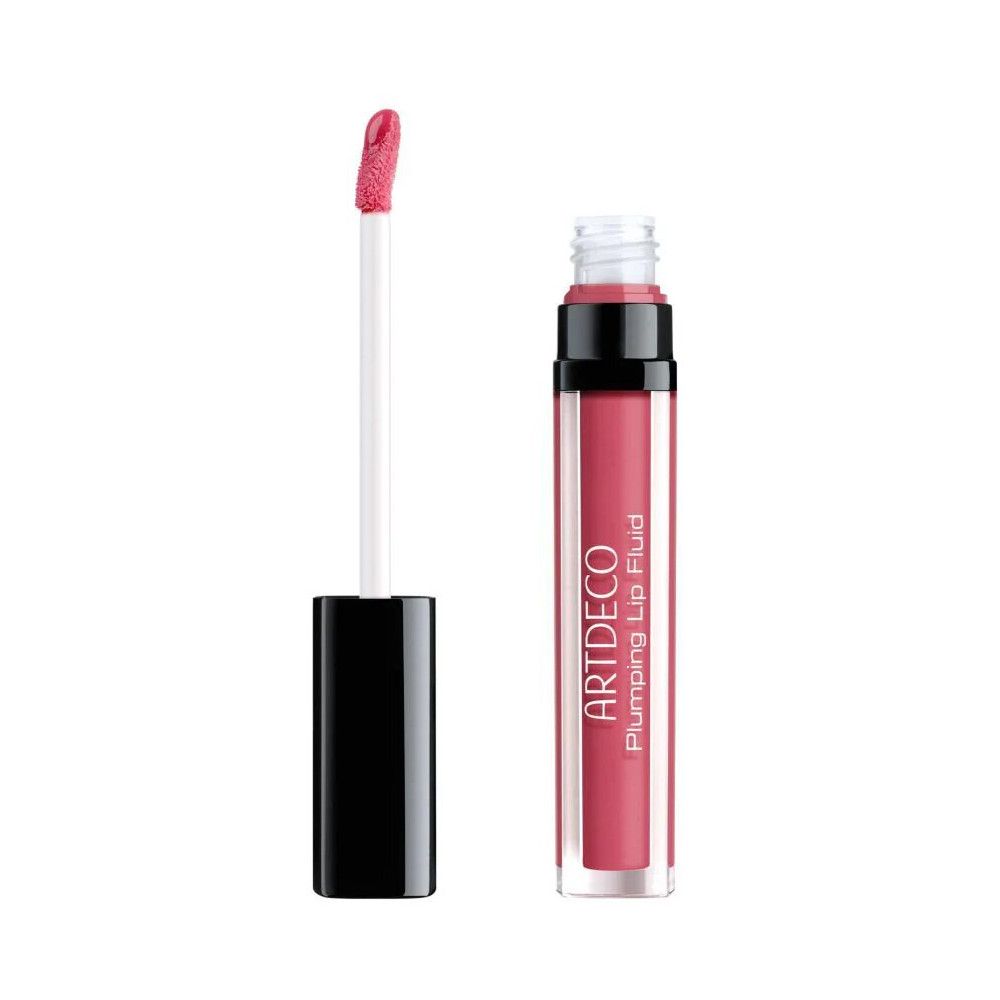 Lipgloss mit Applikator. Rosa Farbe, transparente Hülle, schwarzer Deckel. Artdeco Plumping Lip Fluid.