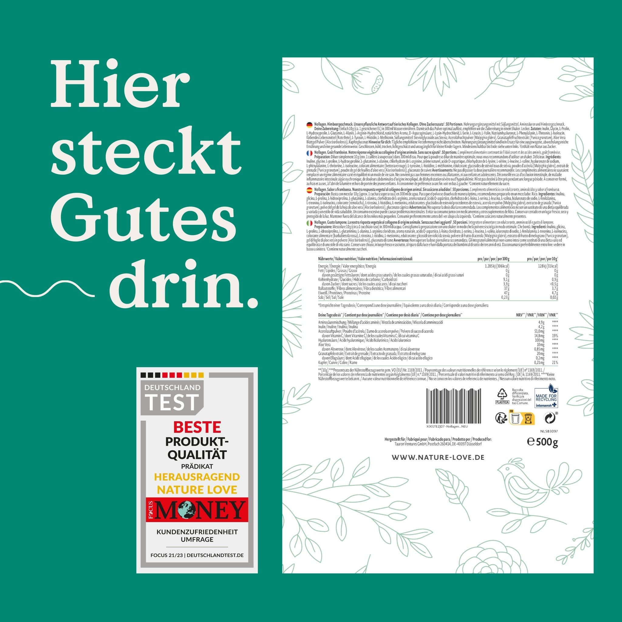 Rückseite der NATURE LOVE® nollagen Verpackung. Text, Nährwertangaben, Logo. Siegel 'Beste Produkt-Qualität'.