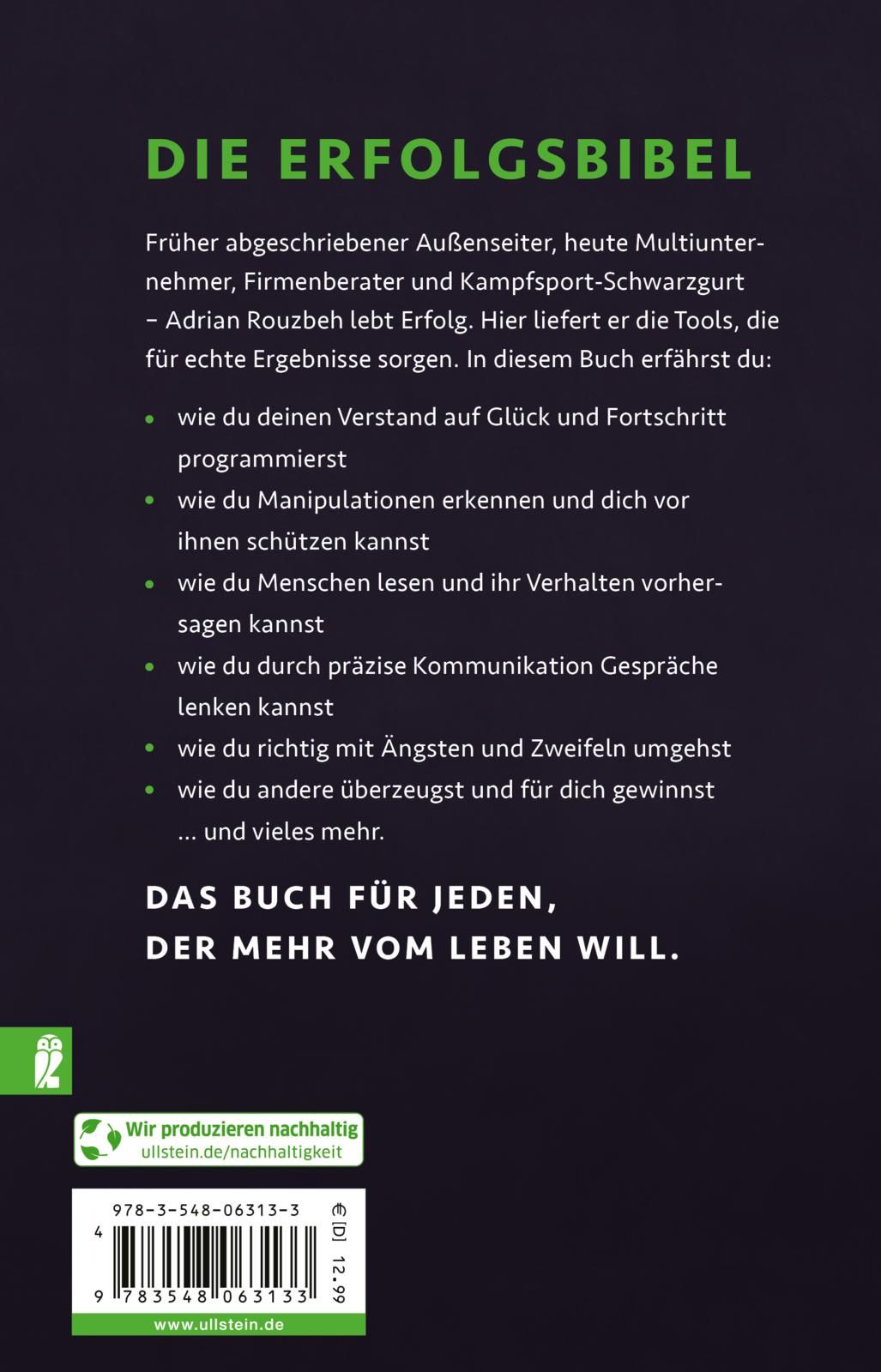 Buchrückseite mit Text: 'Die Erfolgsbibel'. Auflistung von Inhalten. Logo Ullstein Verlag. ISBN und Preis.