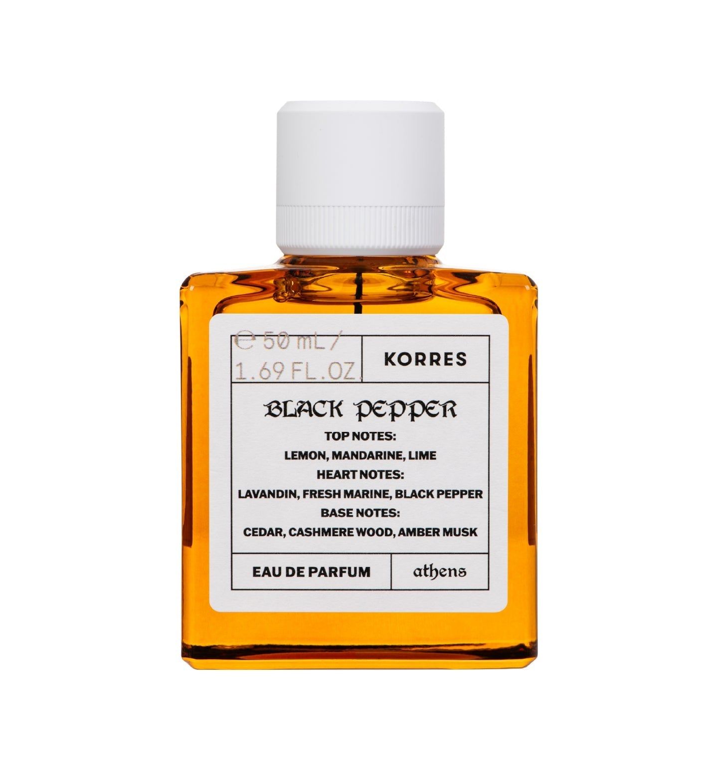 KORRES Eau de Parfum Black Pepper, quadratische Flasche mit weißem Deckel. Text: Inhaltsstoffe, 50 ml / 1.69 FL.OZ.