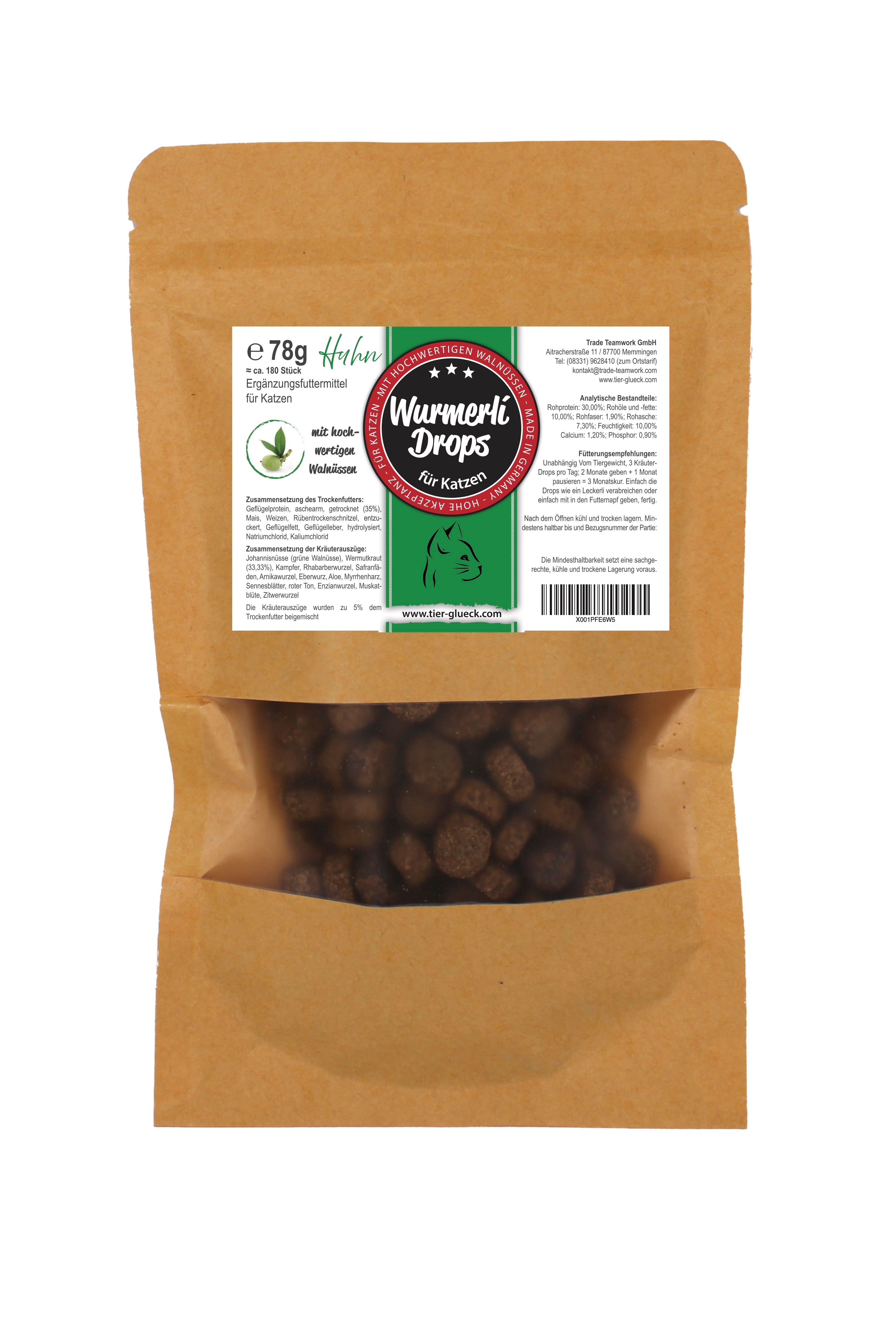 Beutel mit Wurmerli Drops für Katzen. Sichtfenster zeigt braune Tropfen. Aufdruck mit Produktname, Katze, Kräutern und Logo.