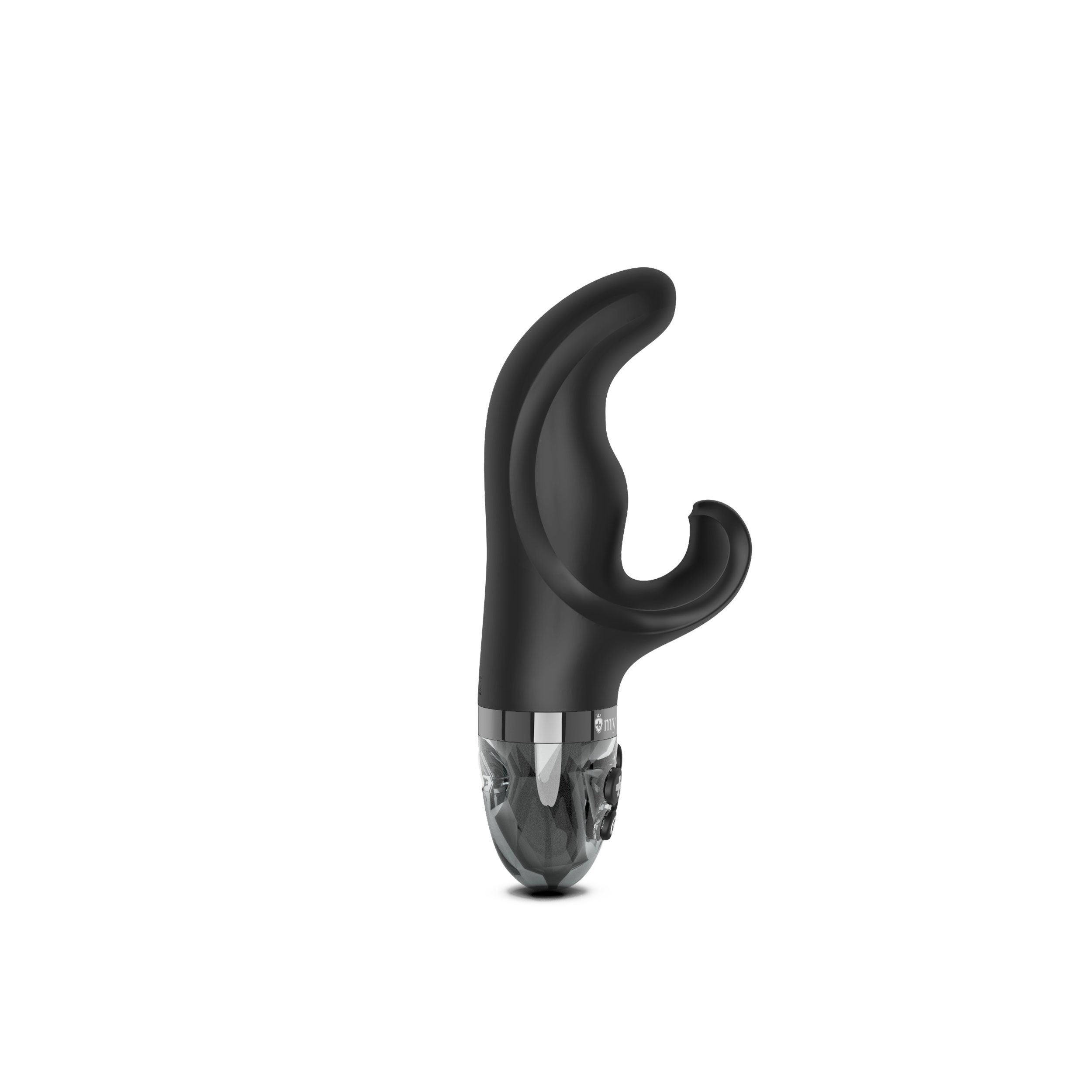 Schwarzer Vibrator mit geschwungener Form. Transparente Basis.