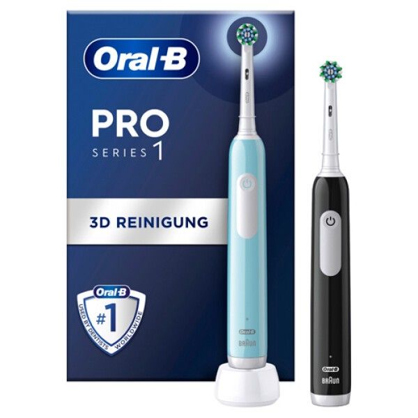 Zwei elektrische Zahnbürsten, blau und schwarz, mit Verpackung. Oral-B Pro Series 1, 3D Reinigung.