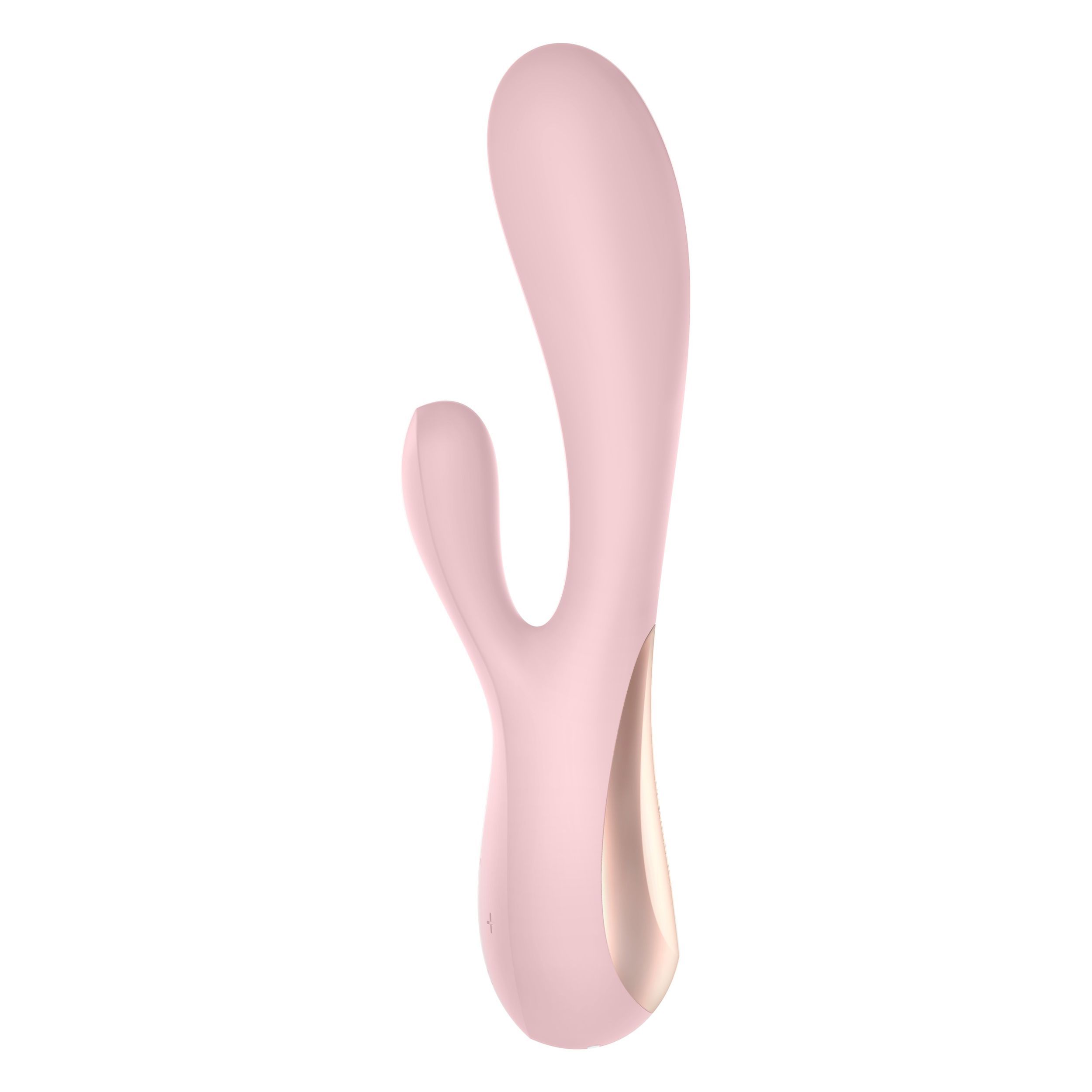 Malvenfarbener Vibrator mit gebogener Form. Ein gebogener Teil und ein länglicher Schaft. Goldfarbene Akzente.