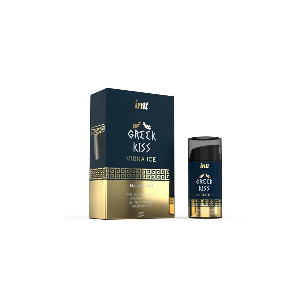 Verpackung und Flasche des INTT Greek Kiss Vibra Ice Massage Gels.