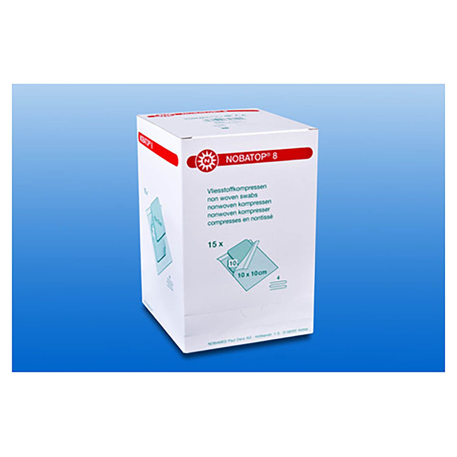 Weiße Box mit rotem Logo und Schriftzug Nobatop 8. Enthält 15 sterile Vliesstoffkompressen, 10 x 10 cm. Verpackung mit Produktinformationen.