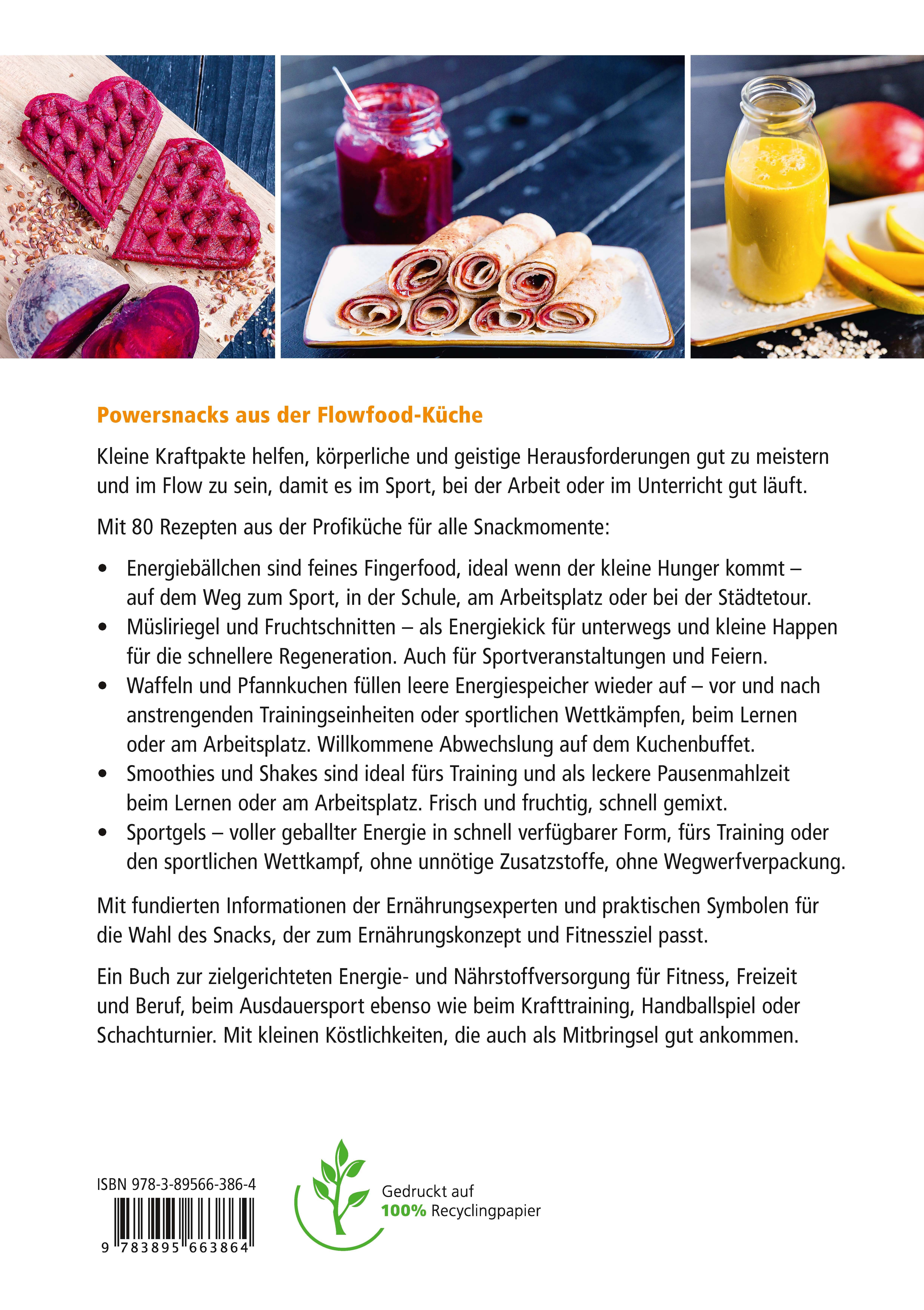 Rückseite des Buches "Flowfood". Text über Snacks und Ernährung. ISBN-Code, Recycling-Logo und Verlag.