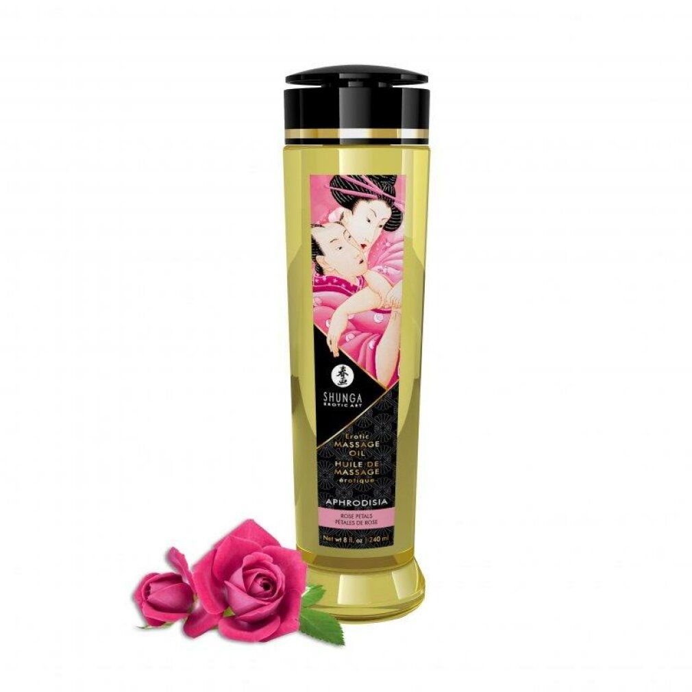 Shunga Massageöl Aphrodisia Rosen, goldene Flasche, mit zwei Rosen davor.
