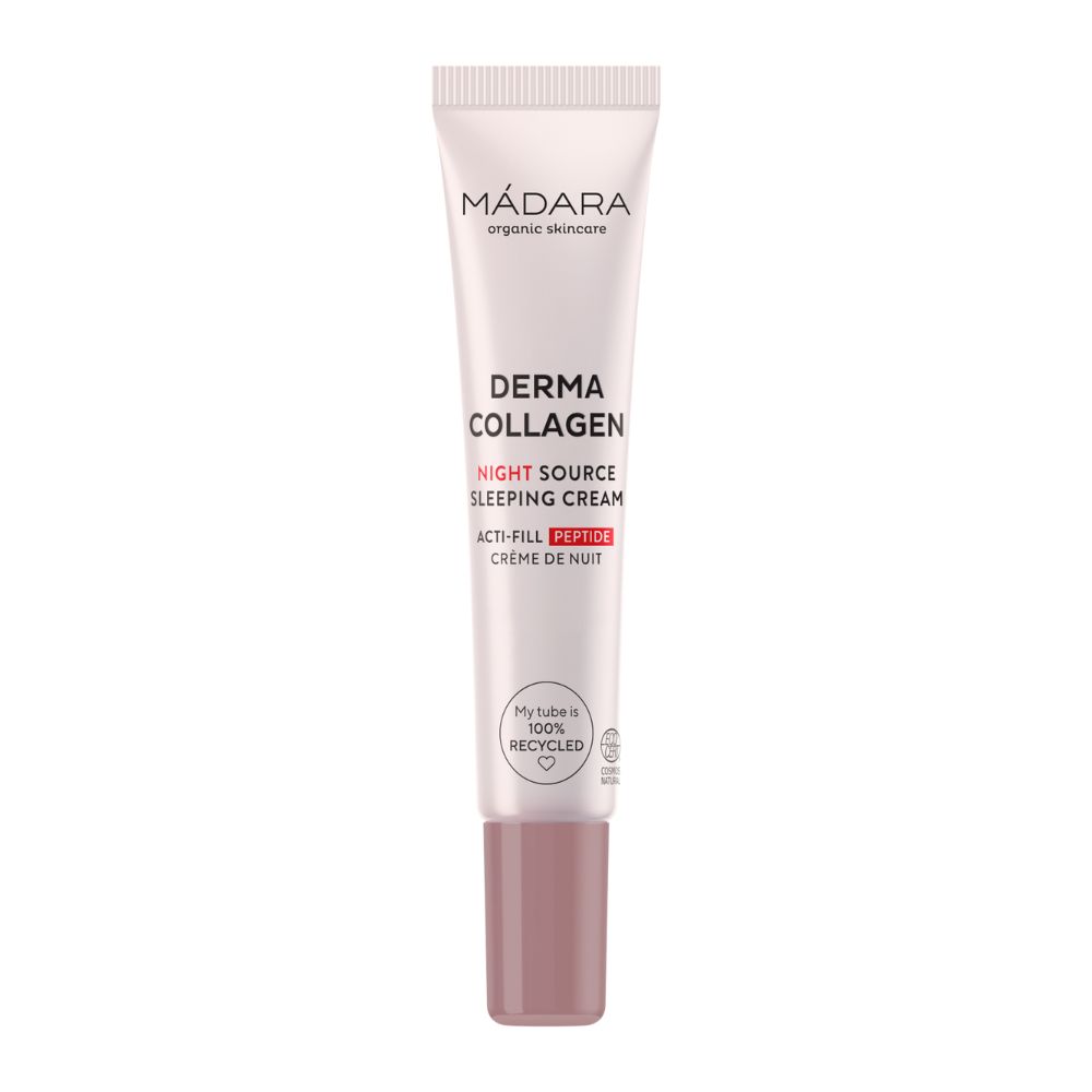 Creme-Tube mit Aufschrift MÁDARA, DERMA COLLAGEN, NIGHT SOURCE SLEEPING CREAM. Rosa Tube mit braunem Verschluss. Text: 100% RECYCLED.
