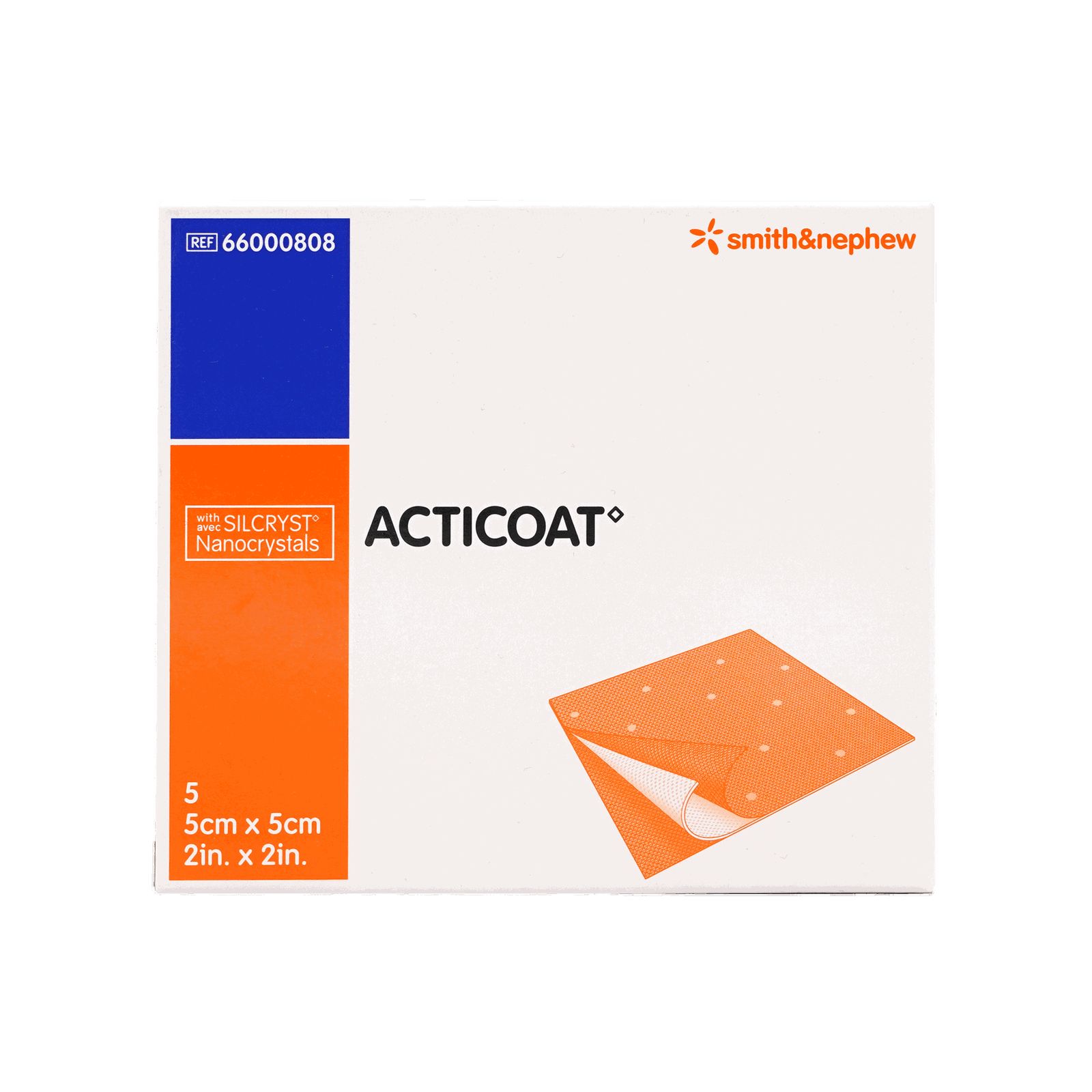 Verpackung von ACTICOAT ANTIMIKRO. Rechteckige Packung mit Produkt und Produkt. Größe: 5x5cm. Enthält 5 Stück. Smith & Nephew Logo.
