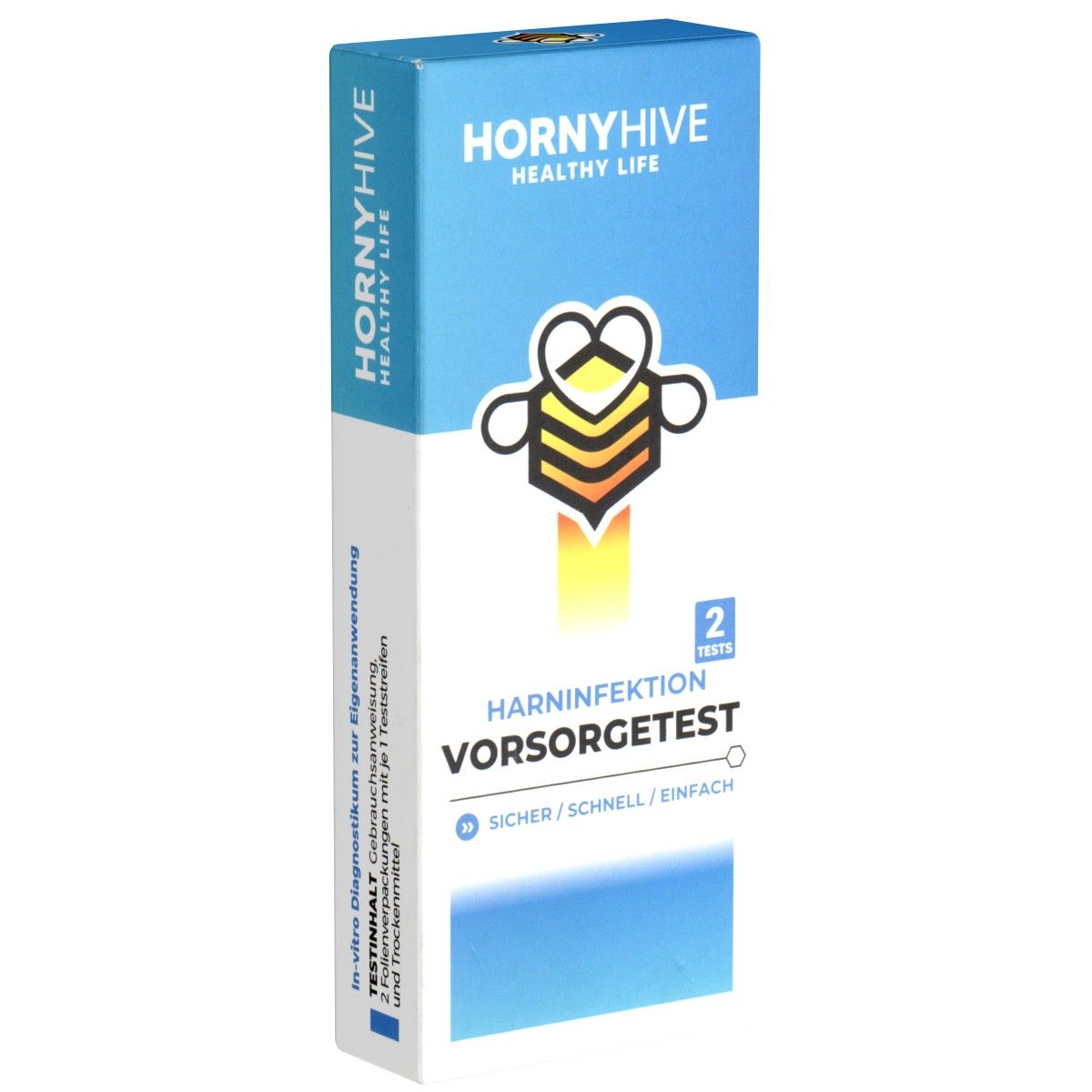 Blau-weiße Schachtel mit Produktnamen und Logo. Text: Harninfektion Vorsorgetest, 2 Tests. Sicher, schnell, einfach.
