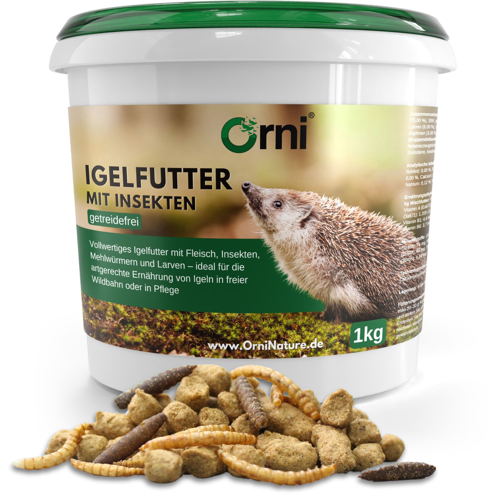Eimer mit Igelfutter, Aufschrift "Orni Igelfutter mit Insekten getreidefrei". Futter mit Insekten und Larven. 1kg.