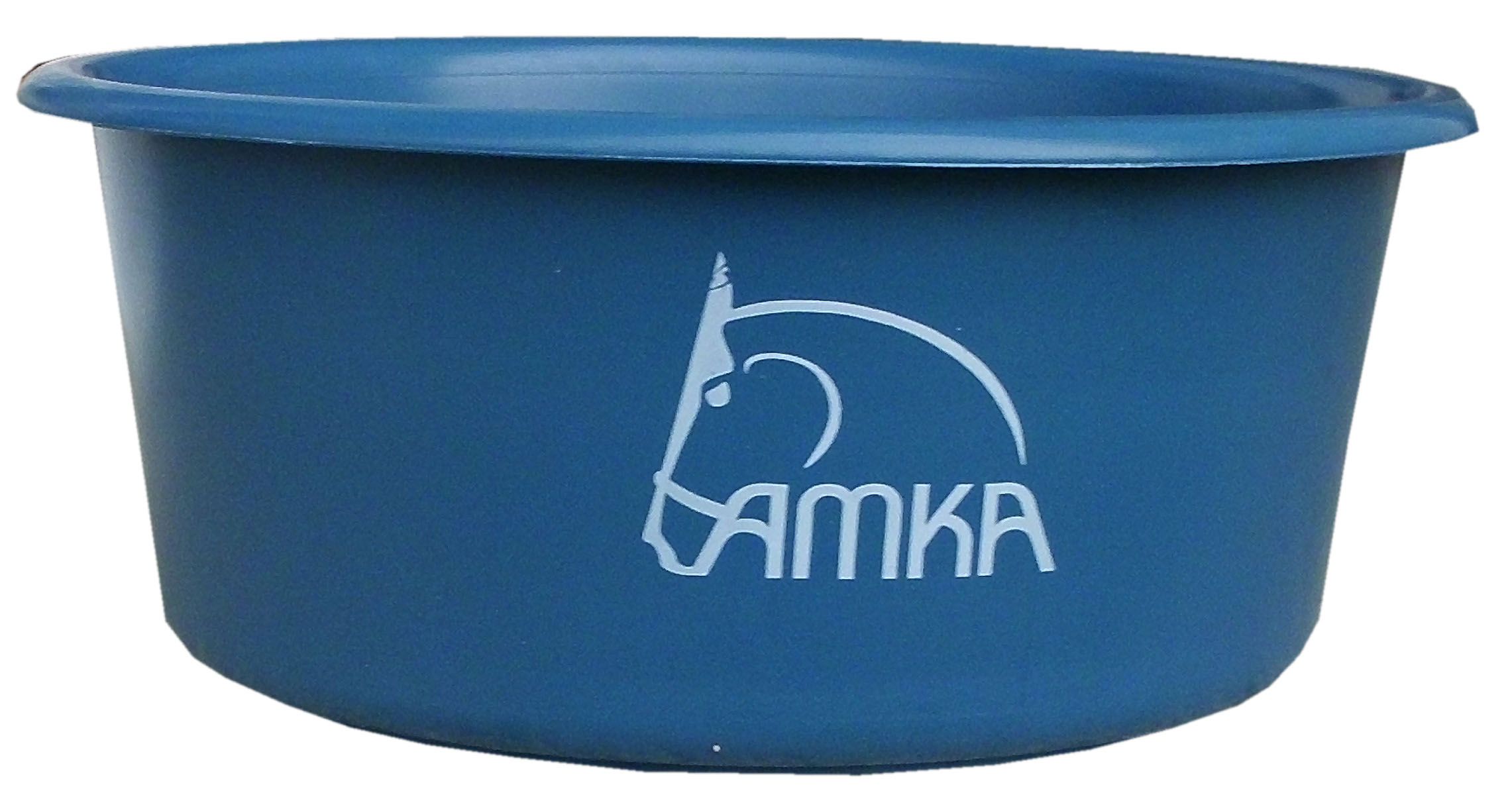 Blaue Futterschale ohne Deckel mit AMKA-Logo. Runde Form, erhöhter Rand.