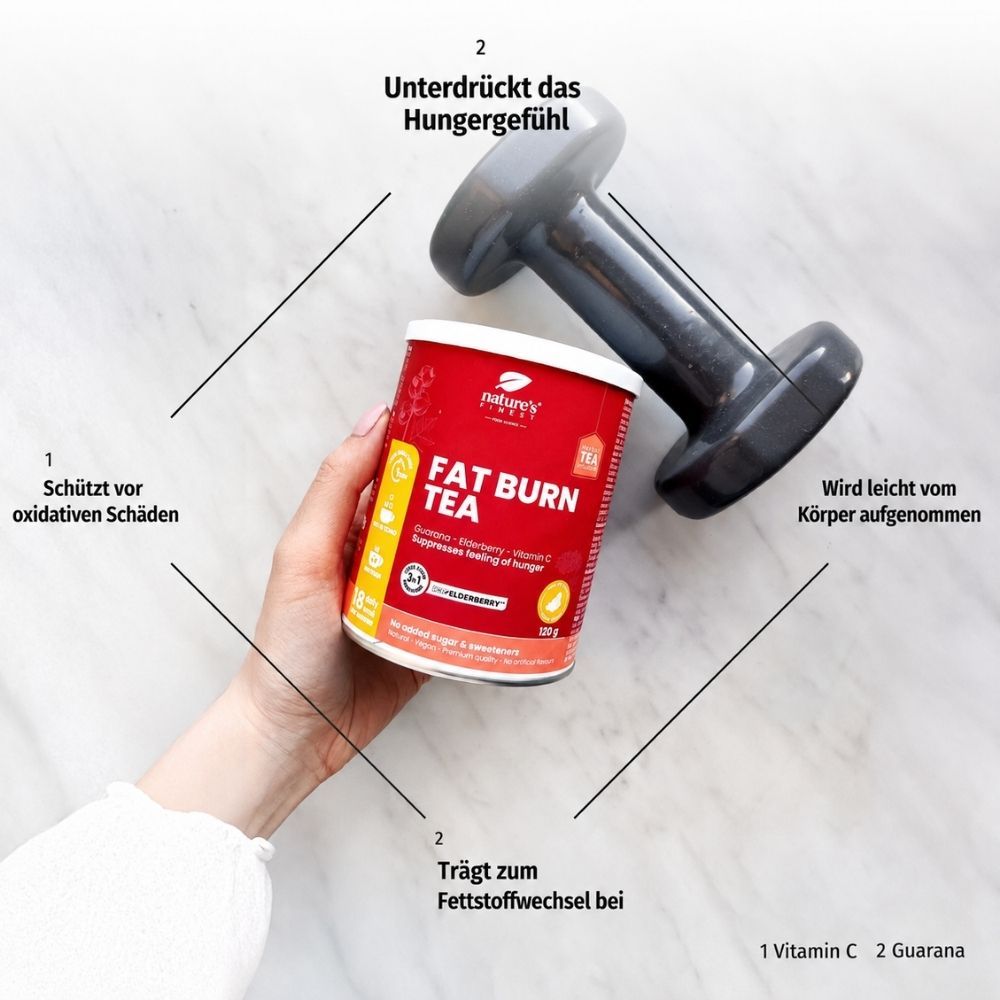 Dose Nature's Finest Fat Burn Tea mit Hantel. Unterstützt den Fettstoffwechsel.