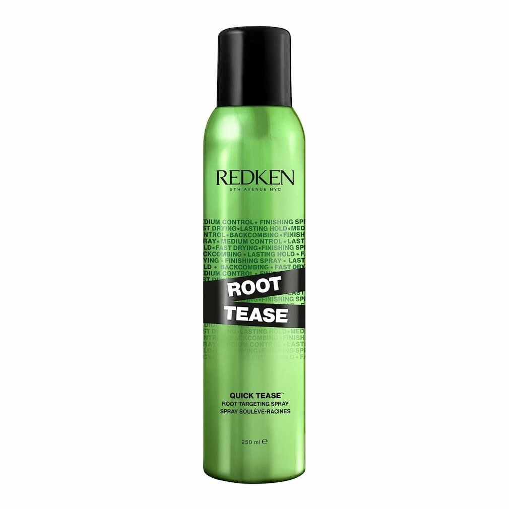 Grüne Sprühflasche mit schwarzem Deckel. Aufschrift: Redken Root Tease Quick Tease. 250 ml.