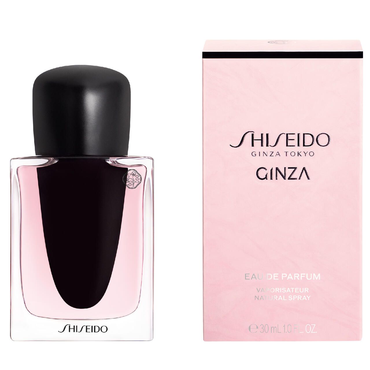 Flakon und Verpackung. Flakon rechteckig, rosa Flüssigkeit, schwarzer Verschluss. Verpackung rosa, Text: "SHISEIDO GINZA TOKYO GINZA".