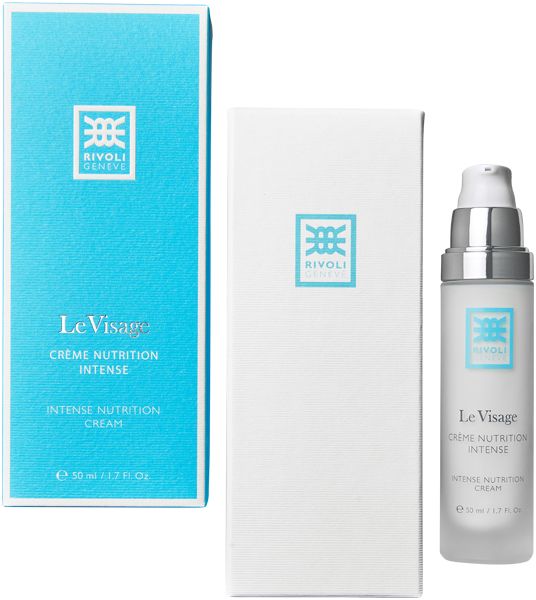 Creme-Flakon und Schachtel. Aufschrift: Le Visage Crème Nutrition Intense. Marke: Rivoli Genève. Volumen: 50 ml.