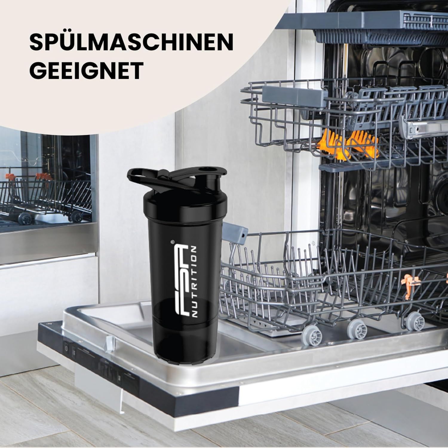 Schwarzer Shaker in Spülmaschine. FSA NUTRITION Logo. Beschriftung: Spülmaschinen geeignet.