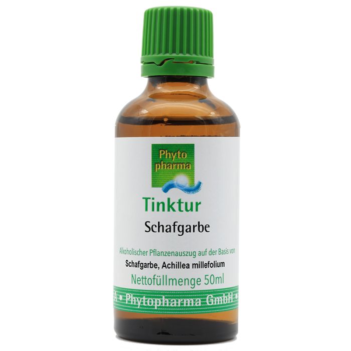 Braune Glasflasche mit grünem Deckel. Etikett mit Schriftzug 'Tinktur Schafgarbe' und Logo. Hersteller: Phytopharma.